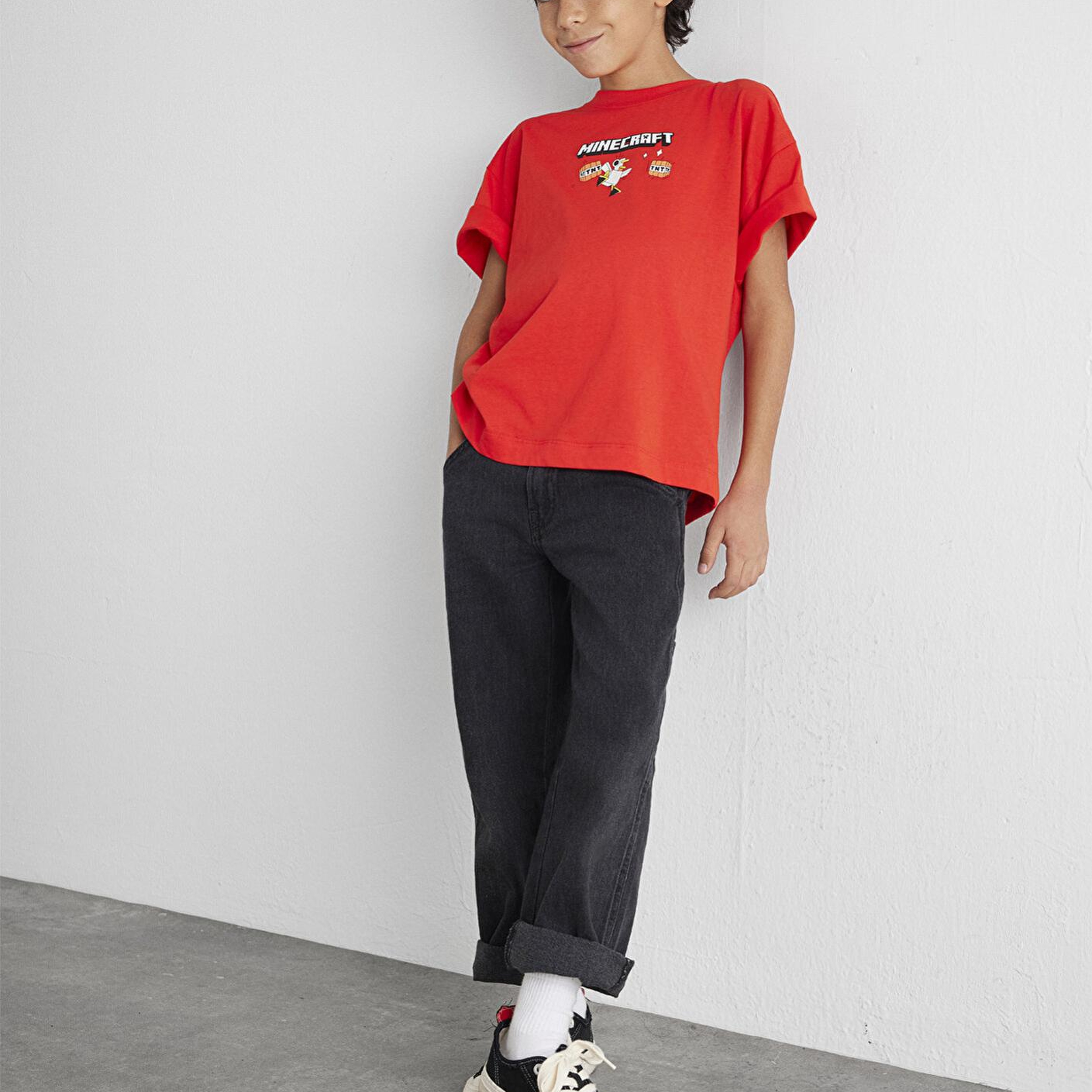 Mavi Minecraft Baskılı Kırmızı Tişört Oversize / Geniş Kesim 6610343-88523