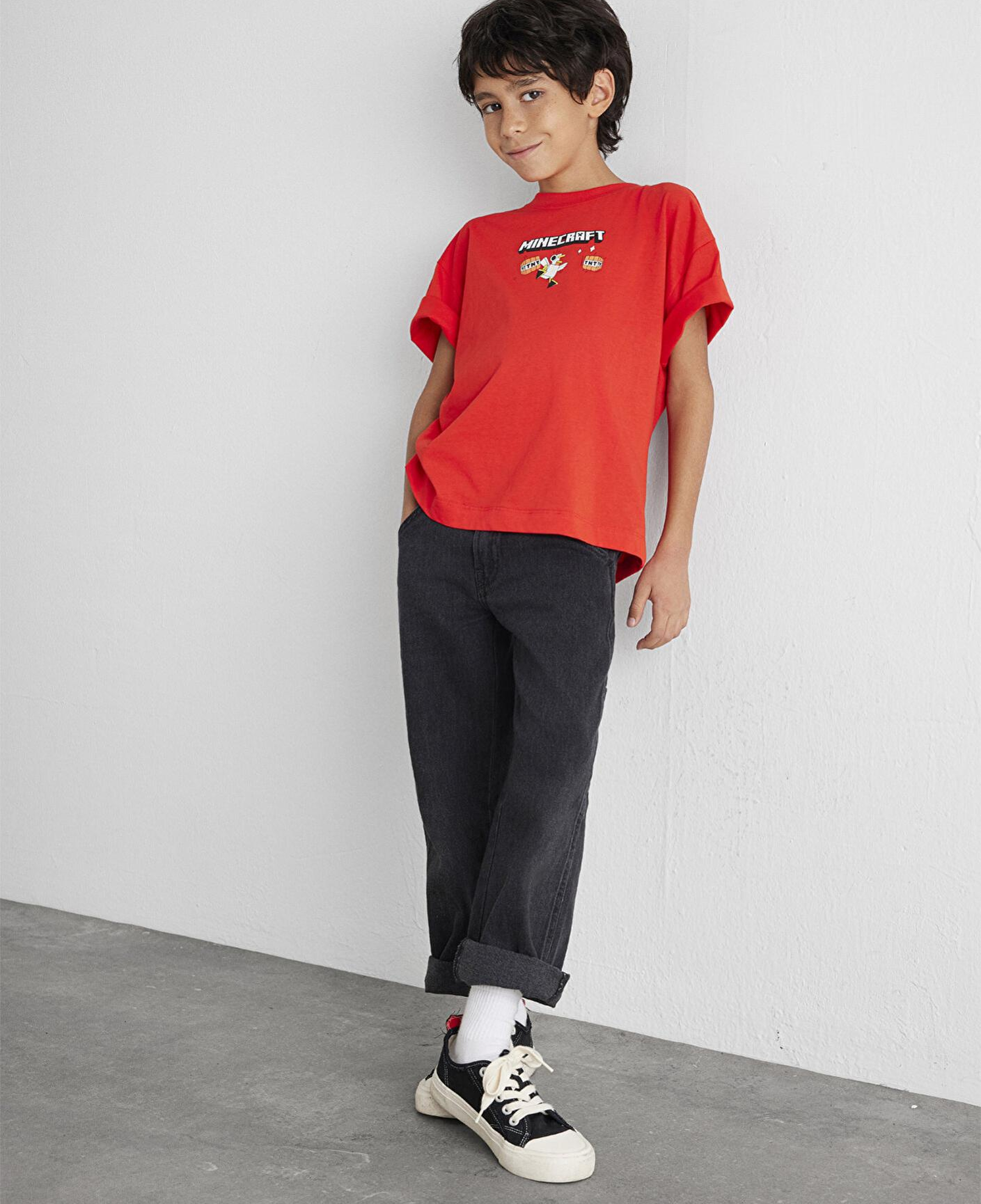 Mavi Minecraft Baskılı Kırmızı Tişört Oversize / Geniş Kesim 6610343-88523