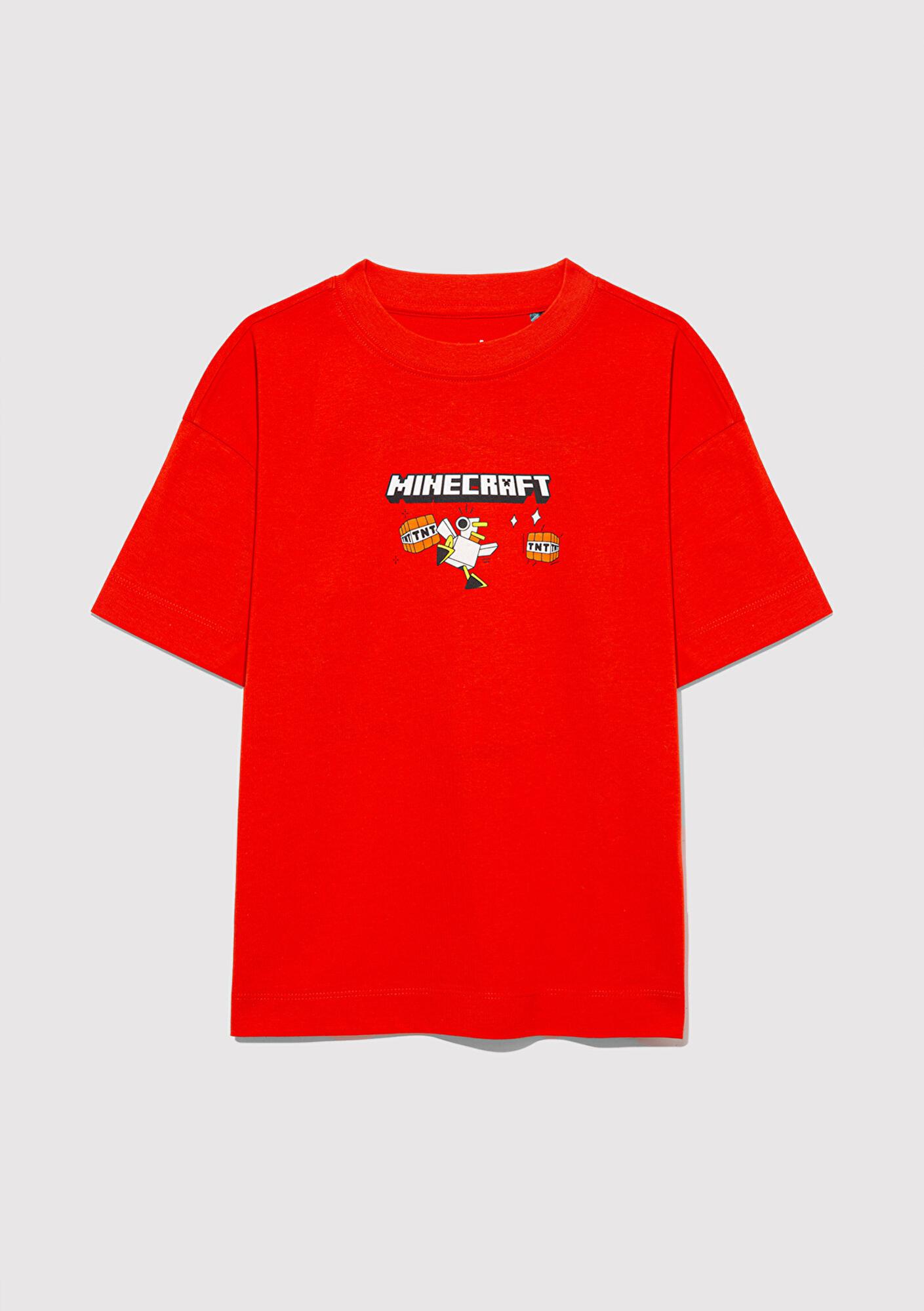 Mavi Minecraft Baskılı Kırmızı Tişört Oversize / Geniş Kesim 6610343-88523