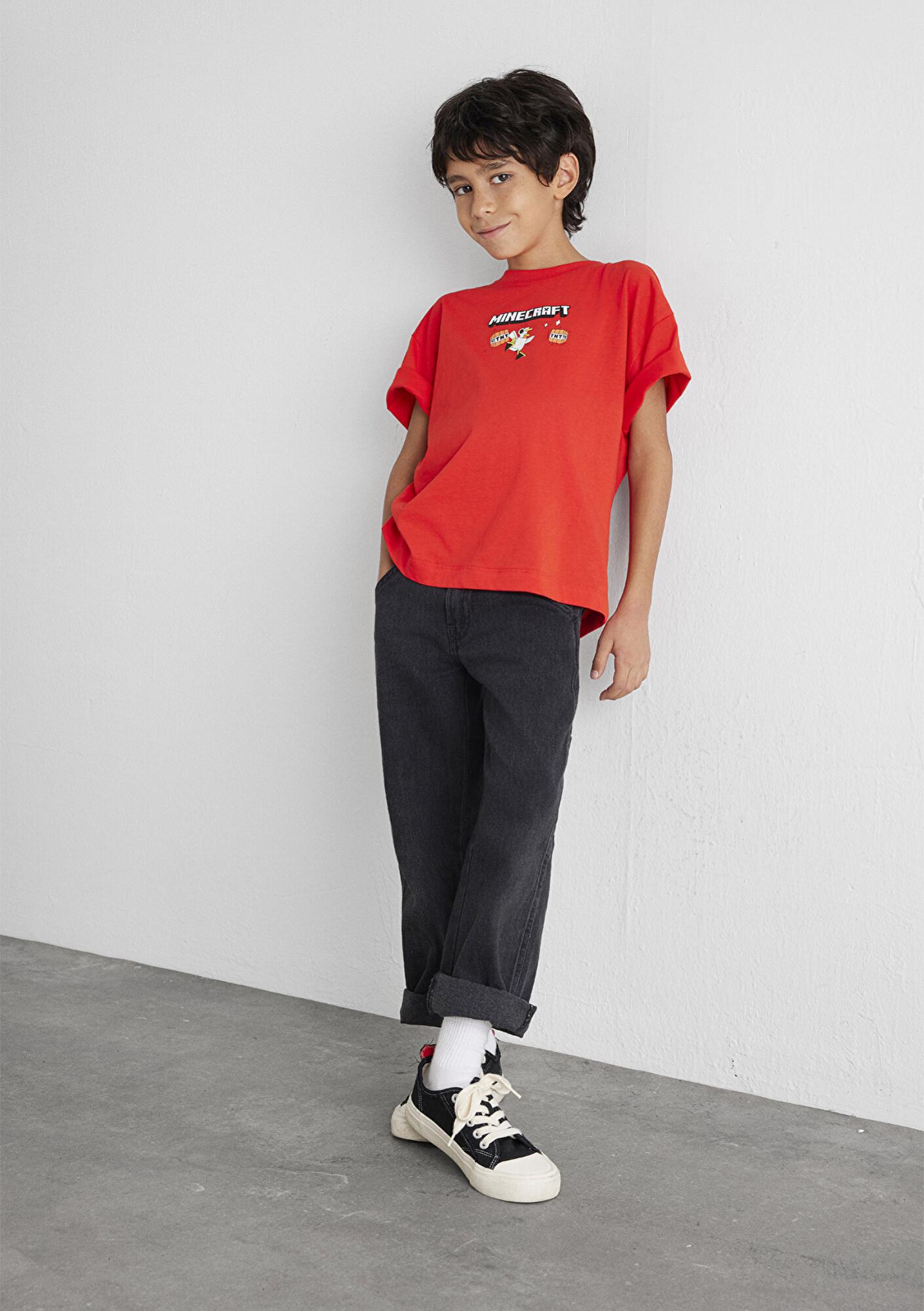 Mavi Minecraft Baskılı Kırmızı Tişört Oversize / Geniş Kesim 6610343-88523