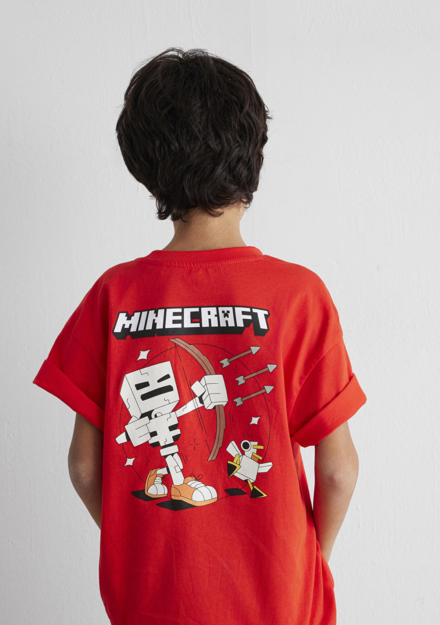 Mavi Minecraft Baskılı Kırmızı Tişört Oversize / Geniş Kesim 6610343-88523