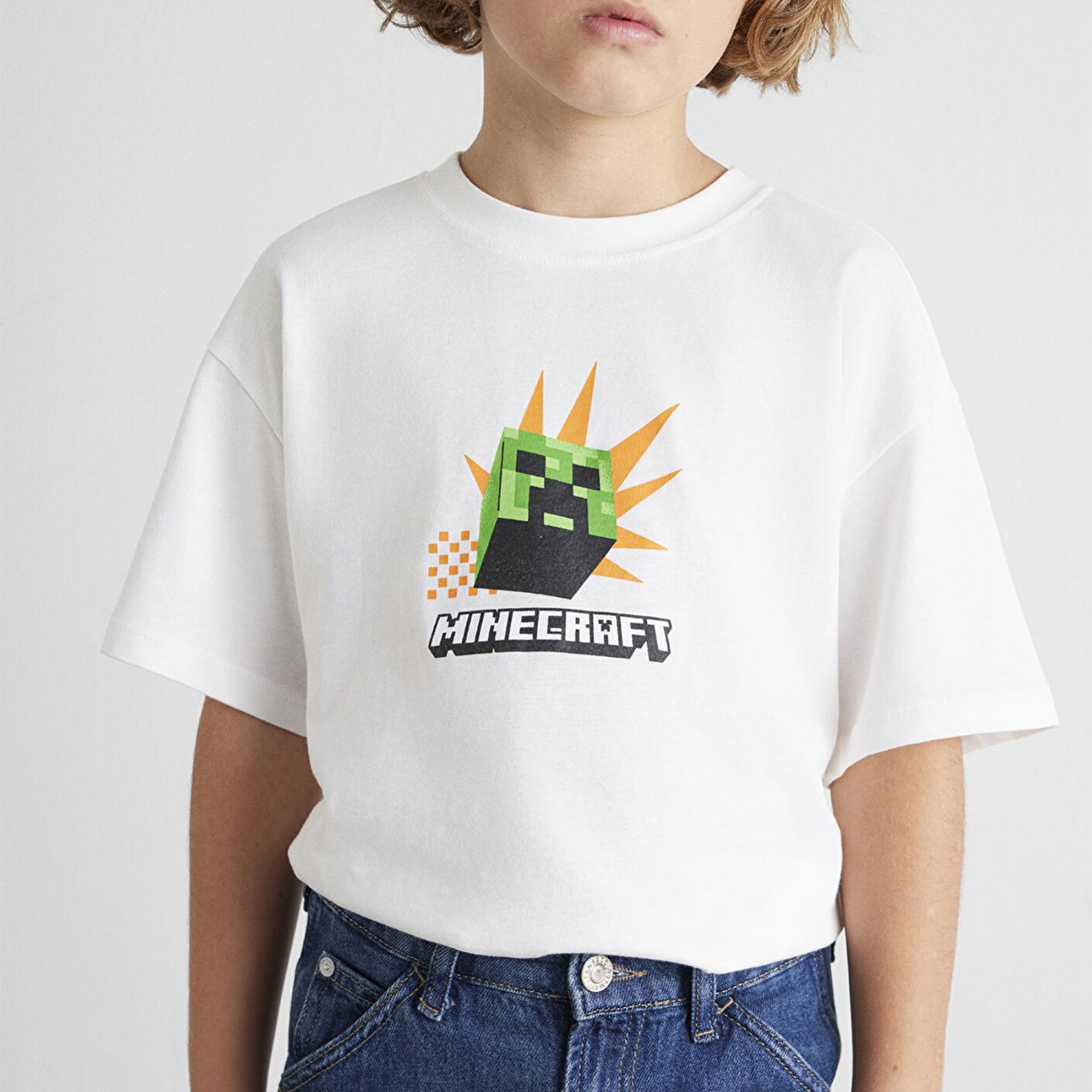 Mavi Minecraft Baskılı Ekru Tişört Oversize / Geniş Kesim 6610340-70057