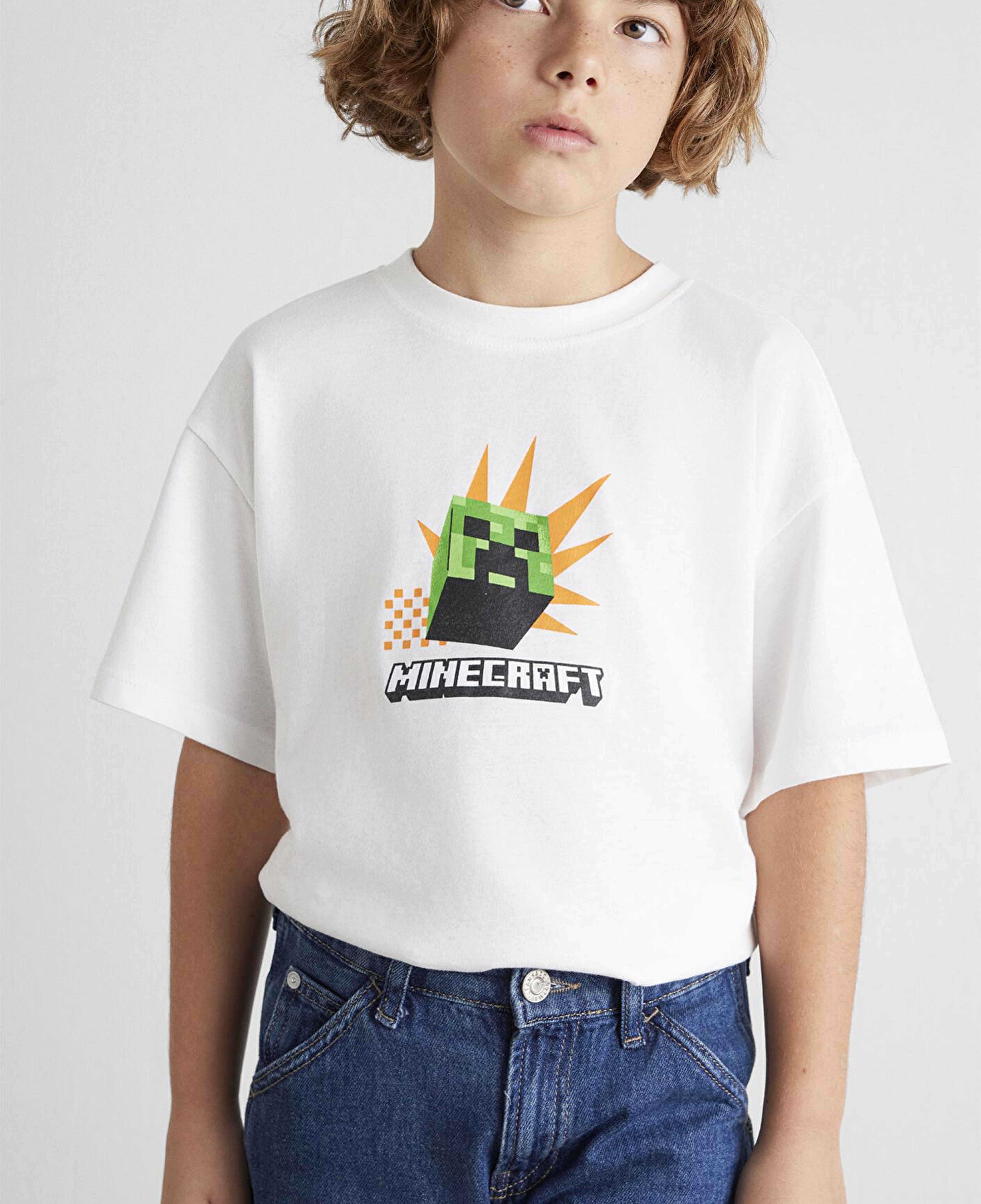 Mavi Minecraft Baskılı Ekru Tişört Oversize / Geniş Kesim 6610340-70057