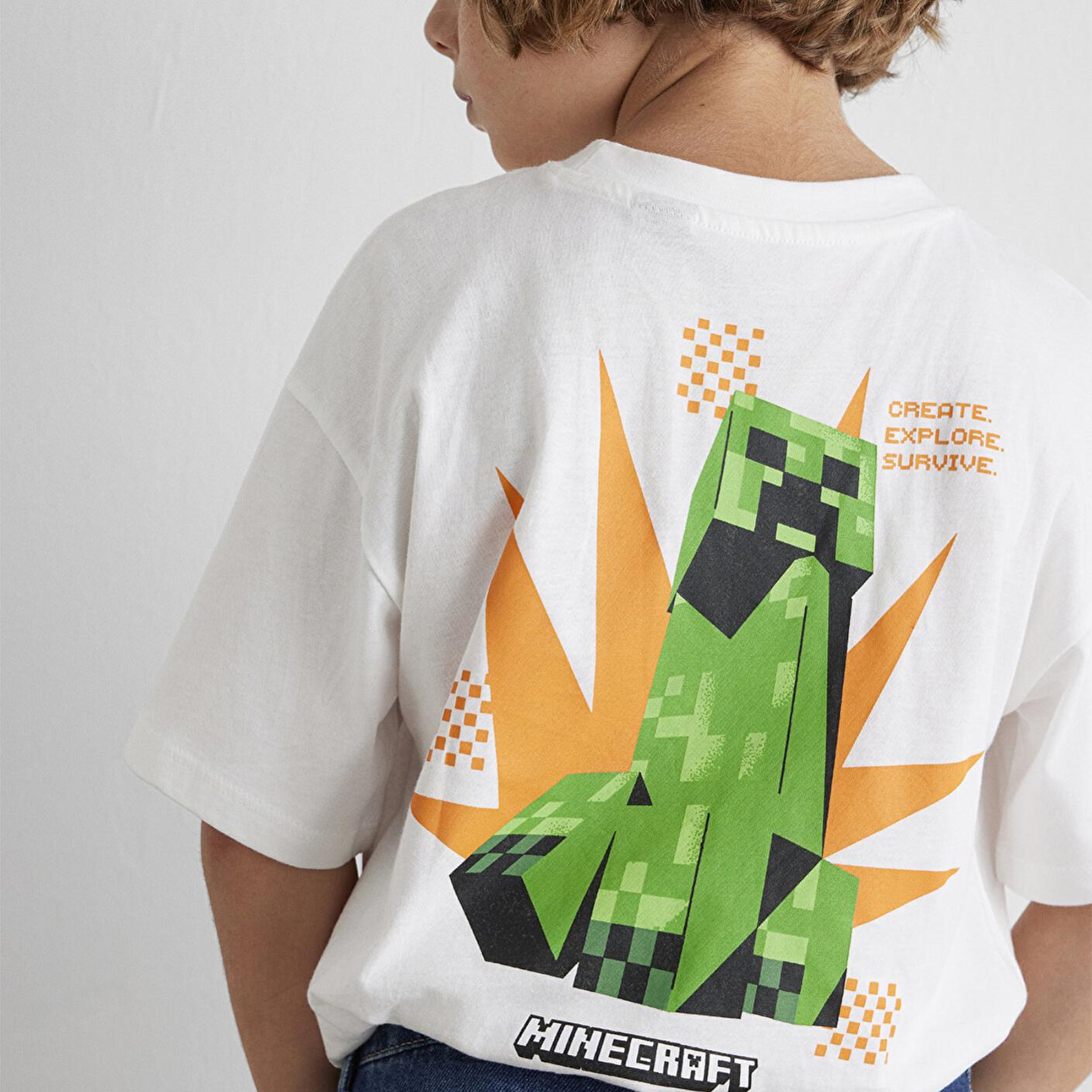 Mavi Minecraft Baskılı Ekru Tişört Oversize / Geniş Kesim 6610340-70057