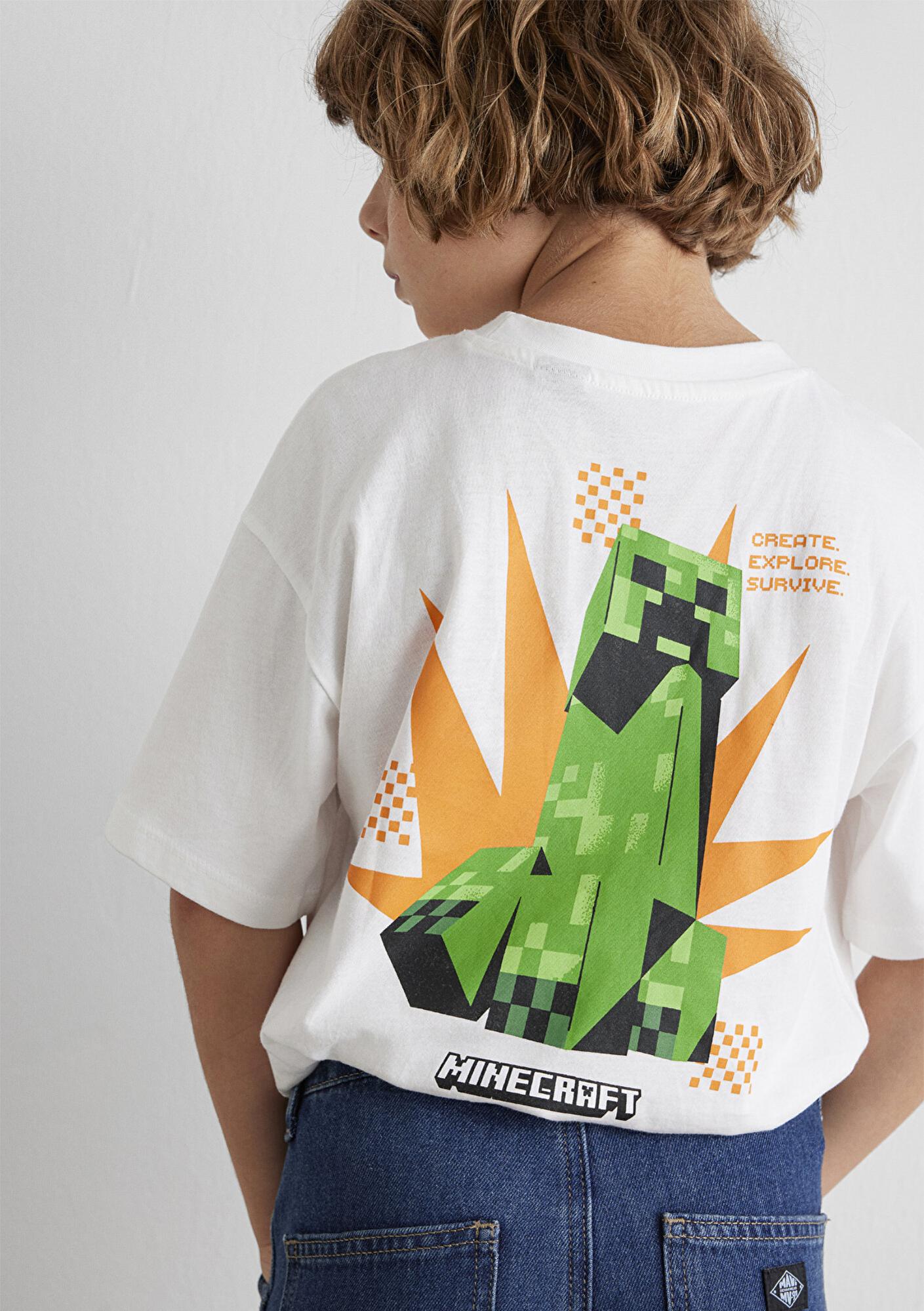 Mavi Minecraft Baskılı Ekru Tişört Oversize / Geniş Kesim 6610340-70057