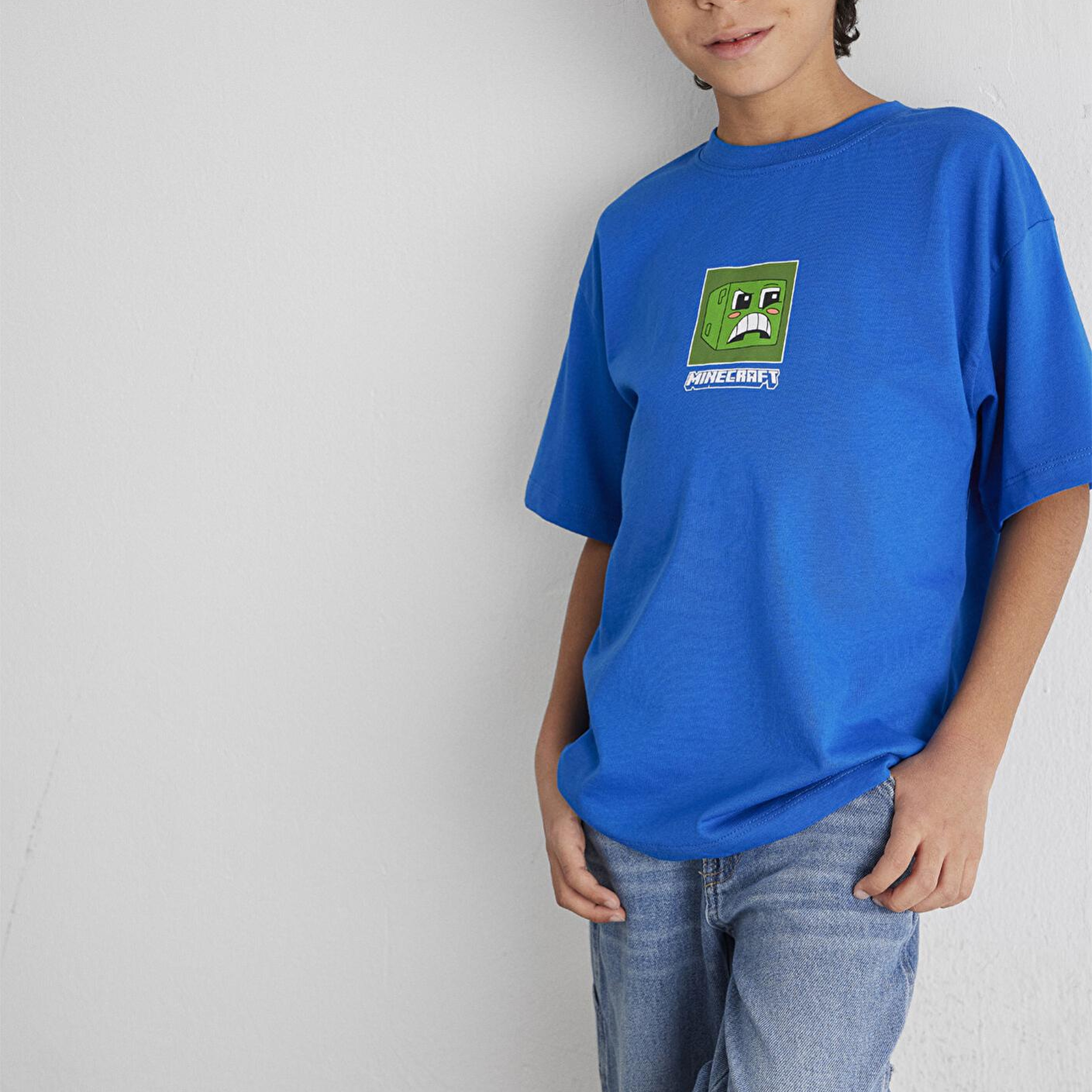 Mavi Minecraft Baskılı Mavi Tişört Oversize / Geniş Kesim 6610342-82491