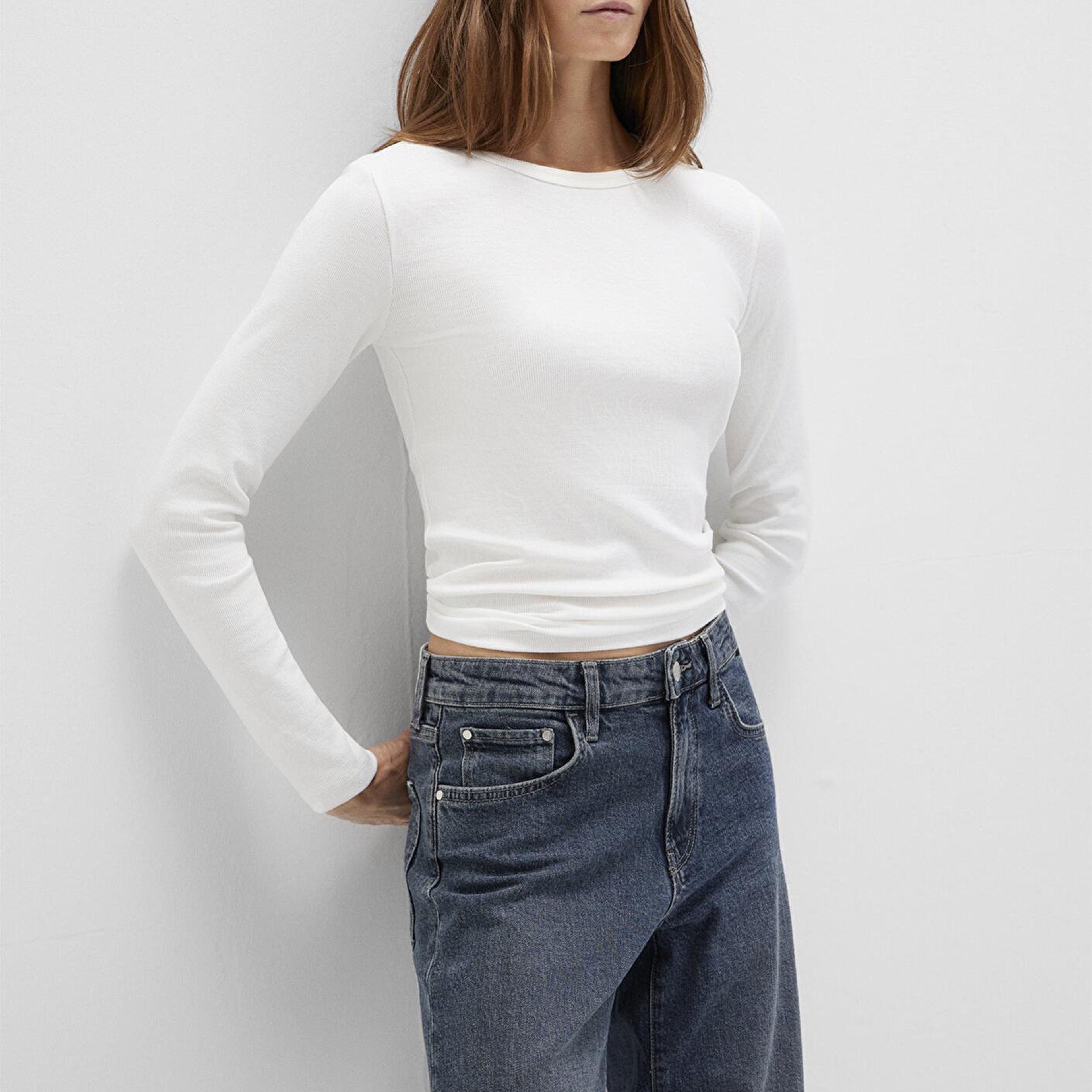 Mavi Uzun Kollu Ekru Basic Tişört Fitted / Vücuda Oturan Kesim 1613040-70057