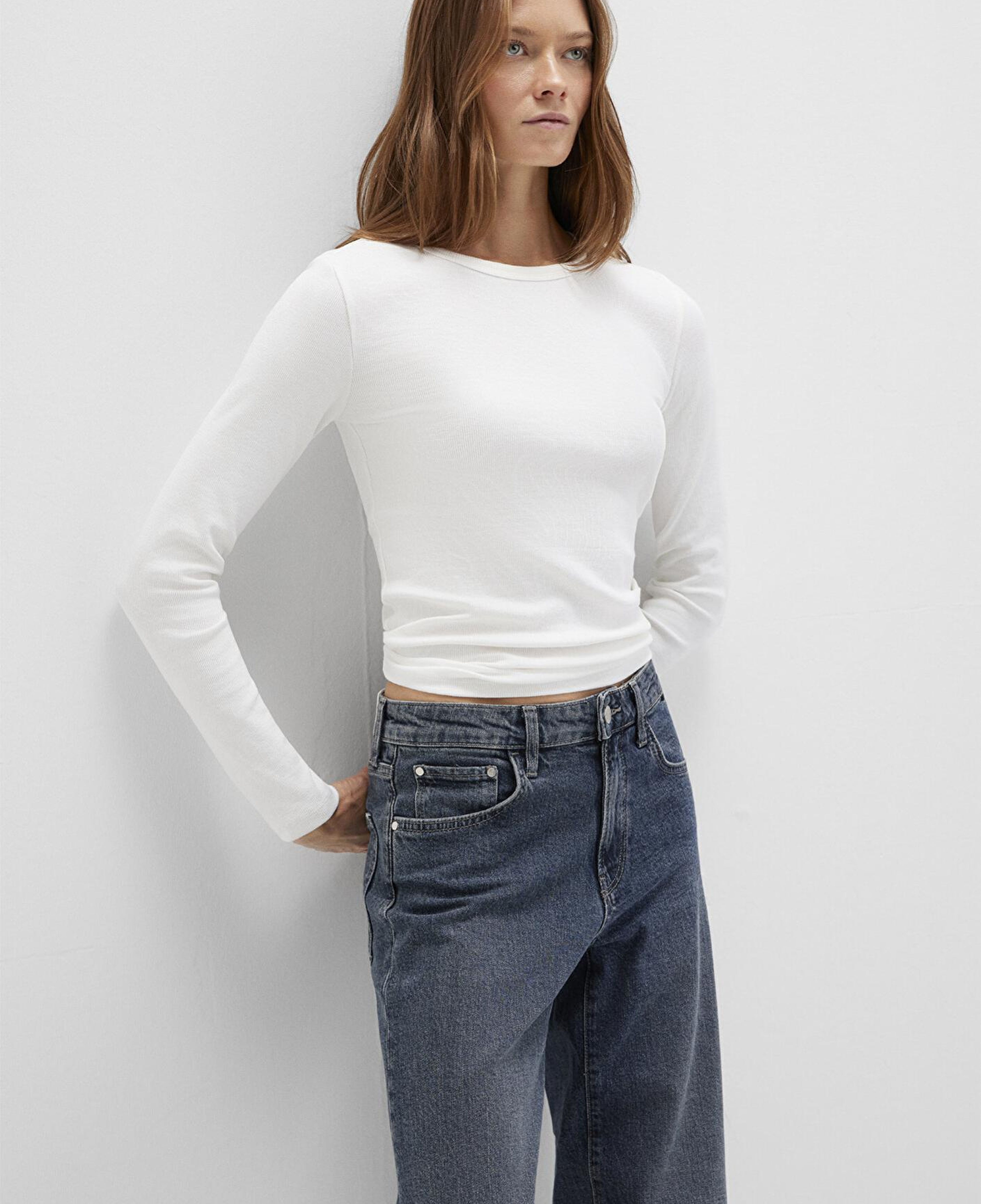 Mavi Uzun Kollu Ekru Basic Tişört Fitted / Vücuda Oturan Kesim 1613040-70057