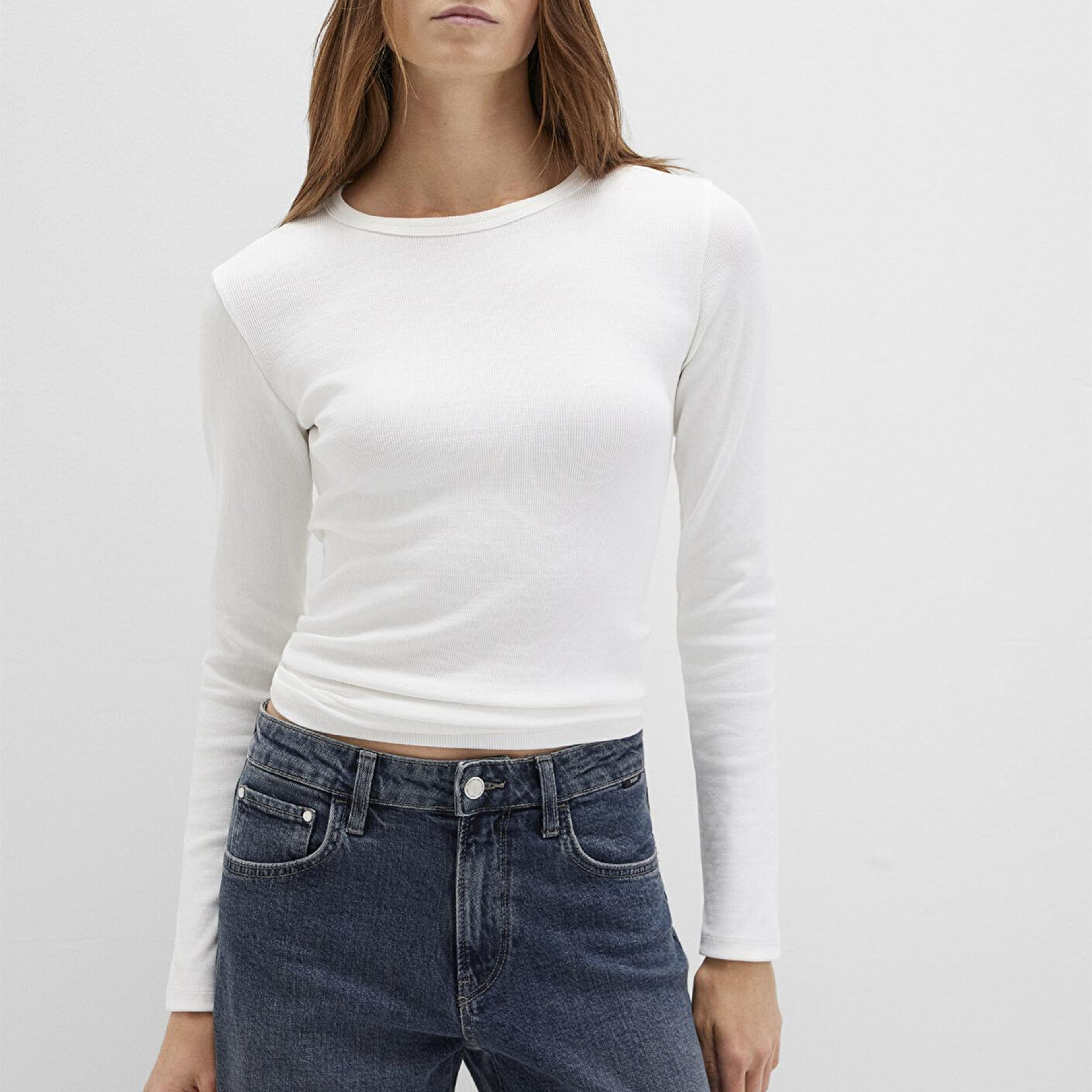 Mavi Uzun Kollu Ekru Basic Tişört Fitted / Vücuda Oturan Kesim 1613040-70057