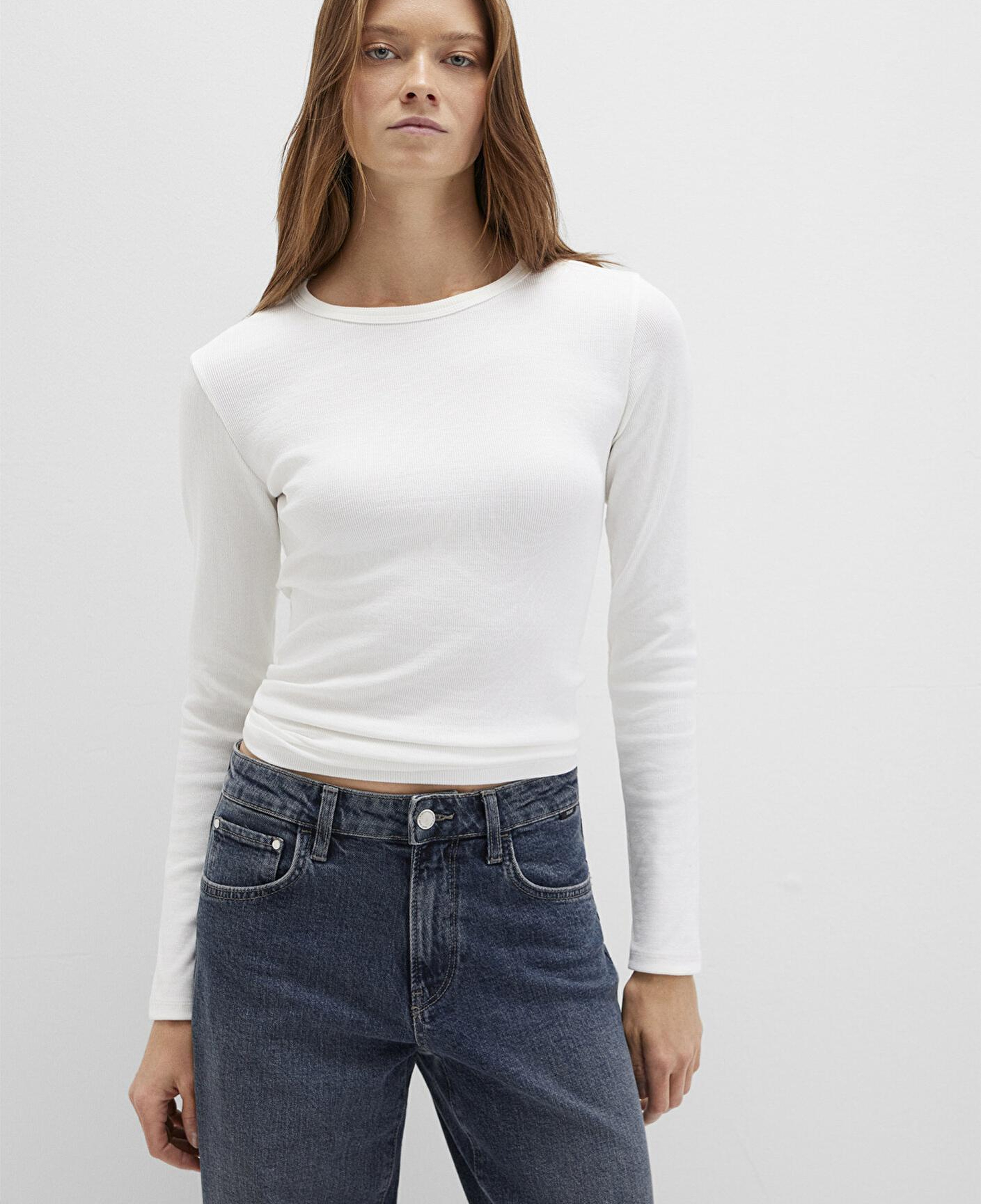 Mavi Uzun Kollu Ekru Basic Tişört Fitted / Vücuda Oturan Kesim 1613040-70057