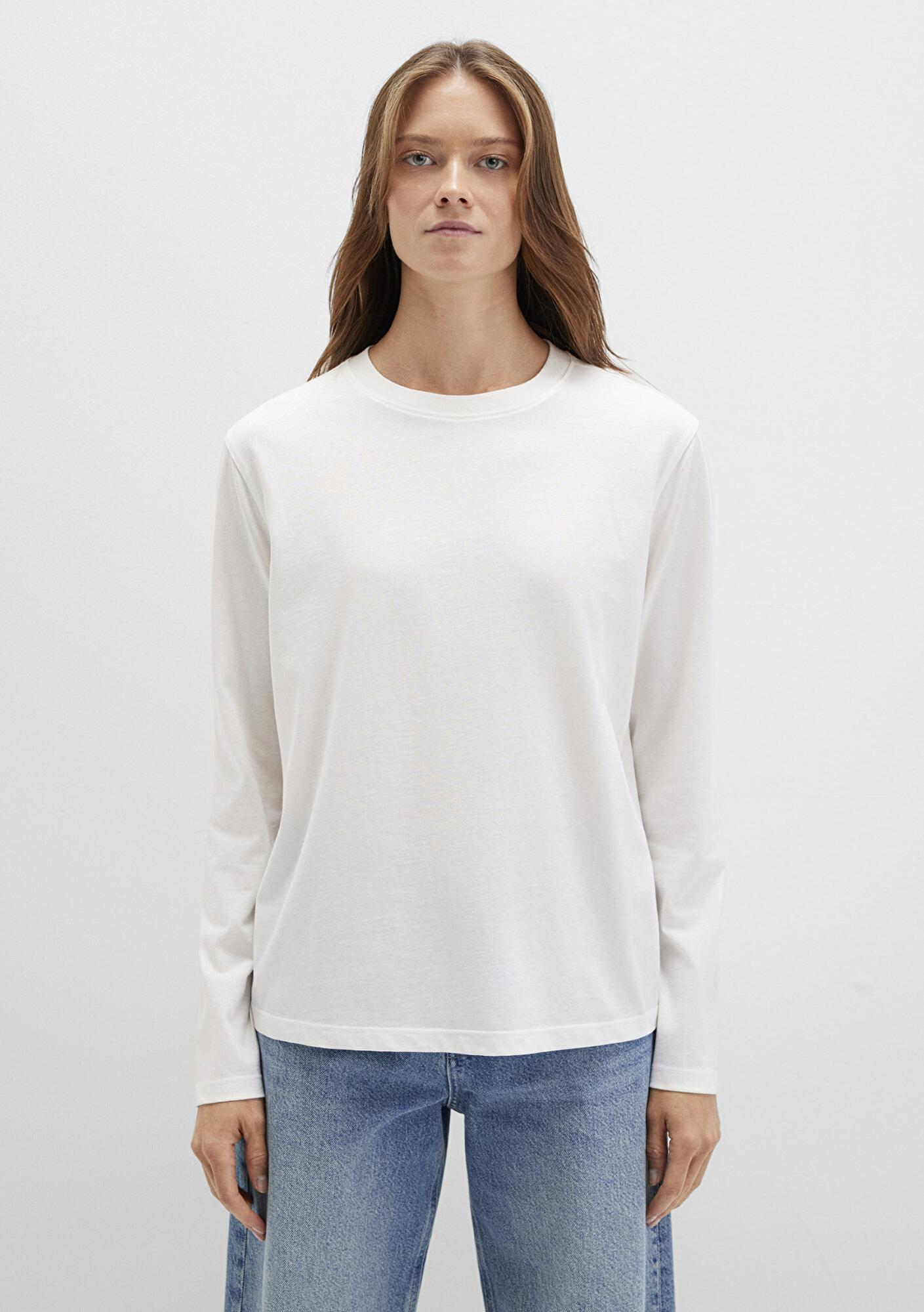 Mavi Uzun Kollu Ekru Basic Tişört Loose Fit / Bol Rahat Kesim 1613038-70057