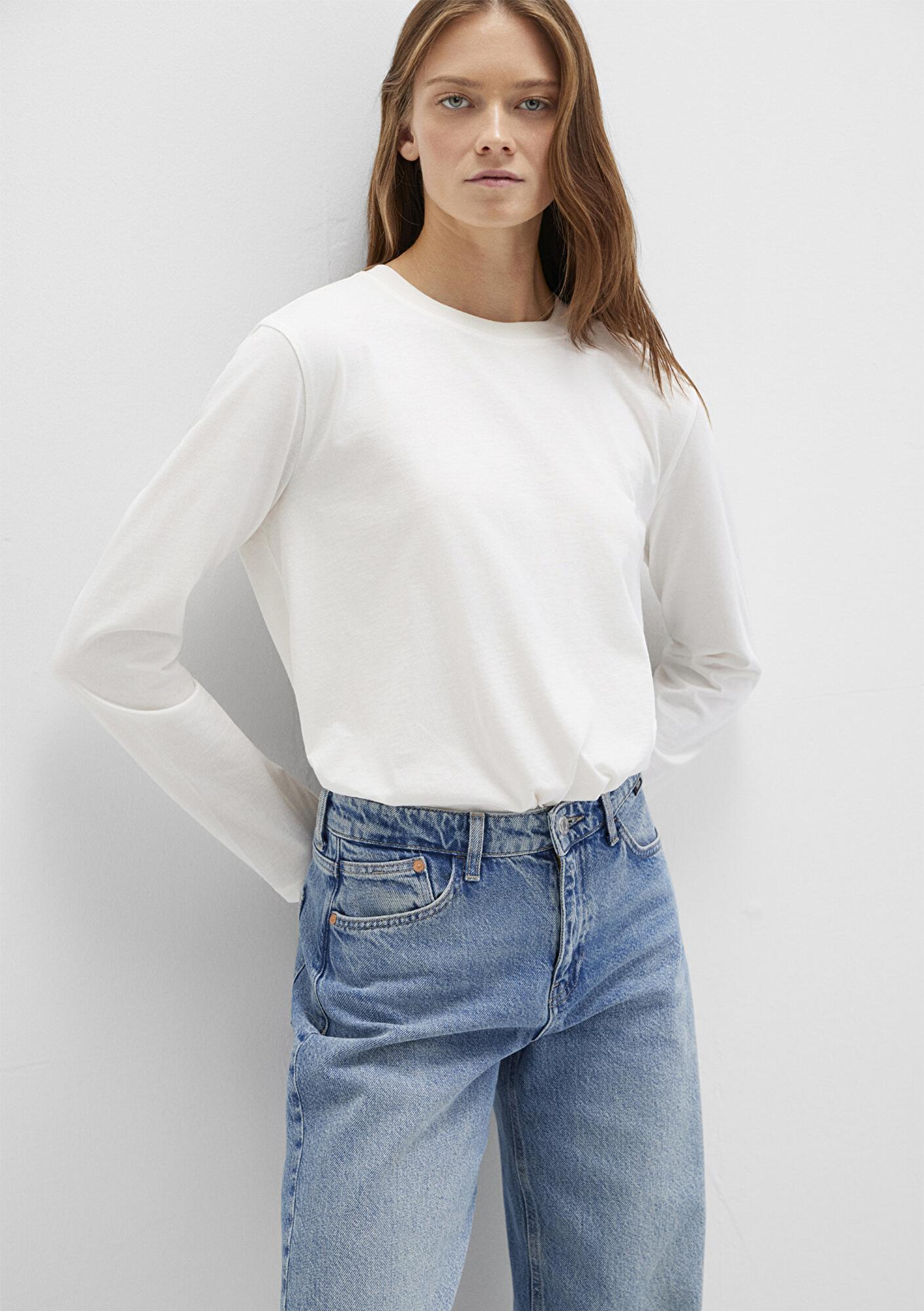 Mavi Uzun Kollu Ekru Basic Tişört Loose Fit / Bol Rahat Kesim 1613038-70057