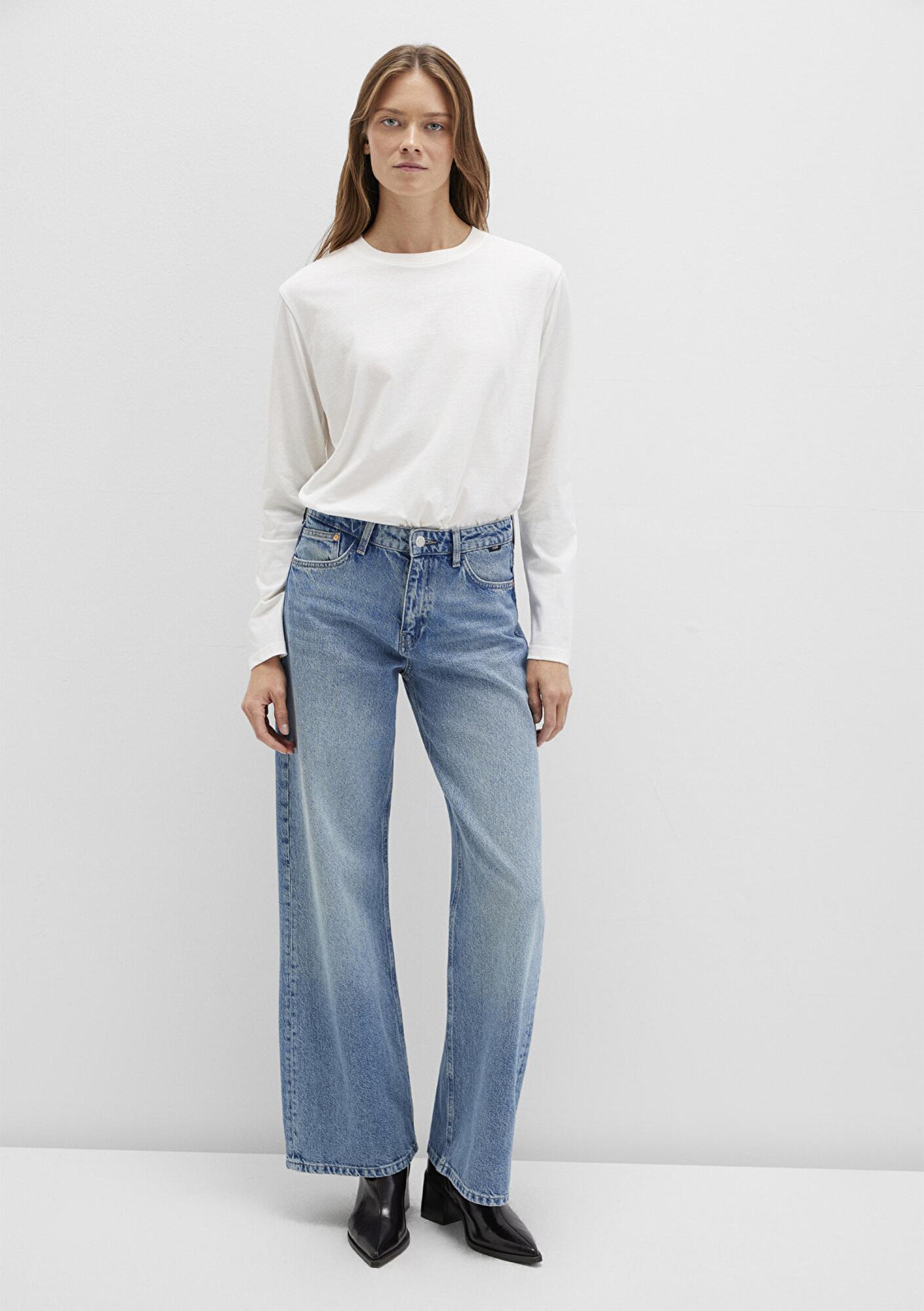 Mavi Uzun Kollu Ekru Basic Tişört Loose Fit / Bol Rahat Kesim 1613038-70057