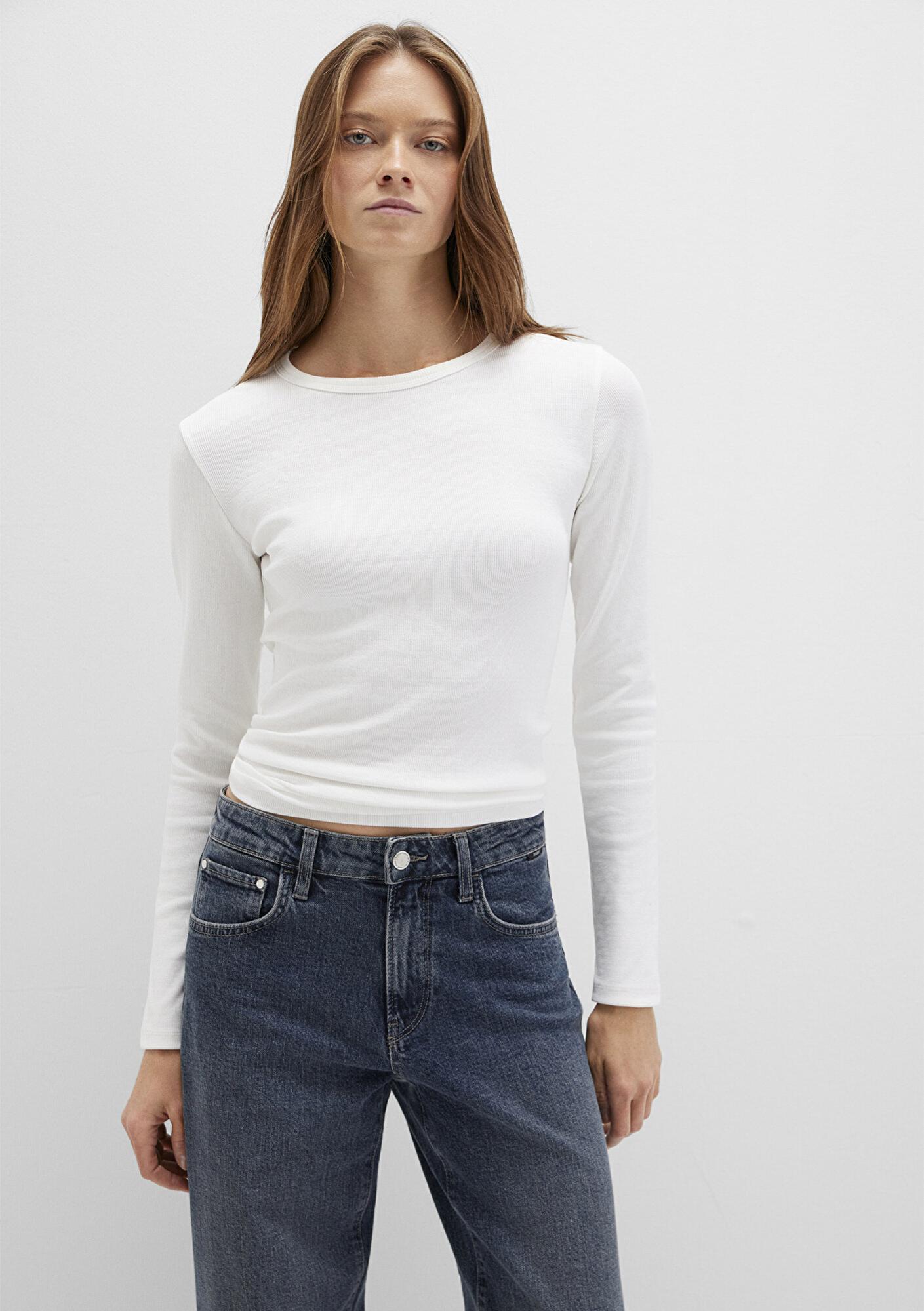 Mavi Uzun Kollu Ekru Basic Tişört Fitted / Vücuda Oturan Kesim 1613040-70057