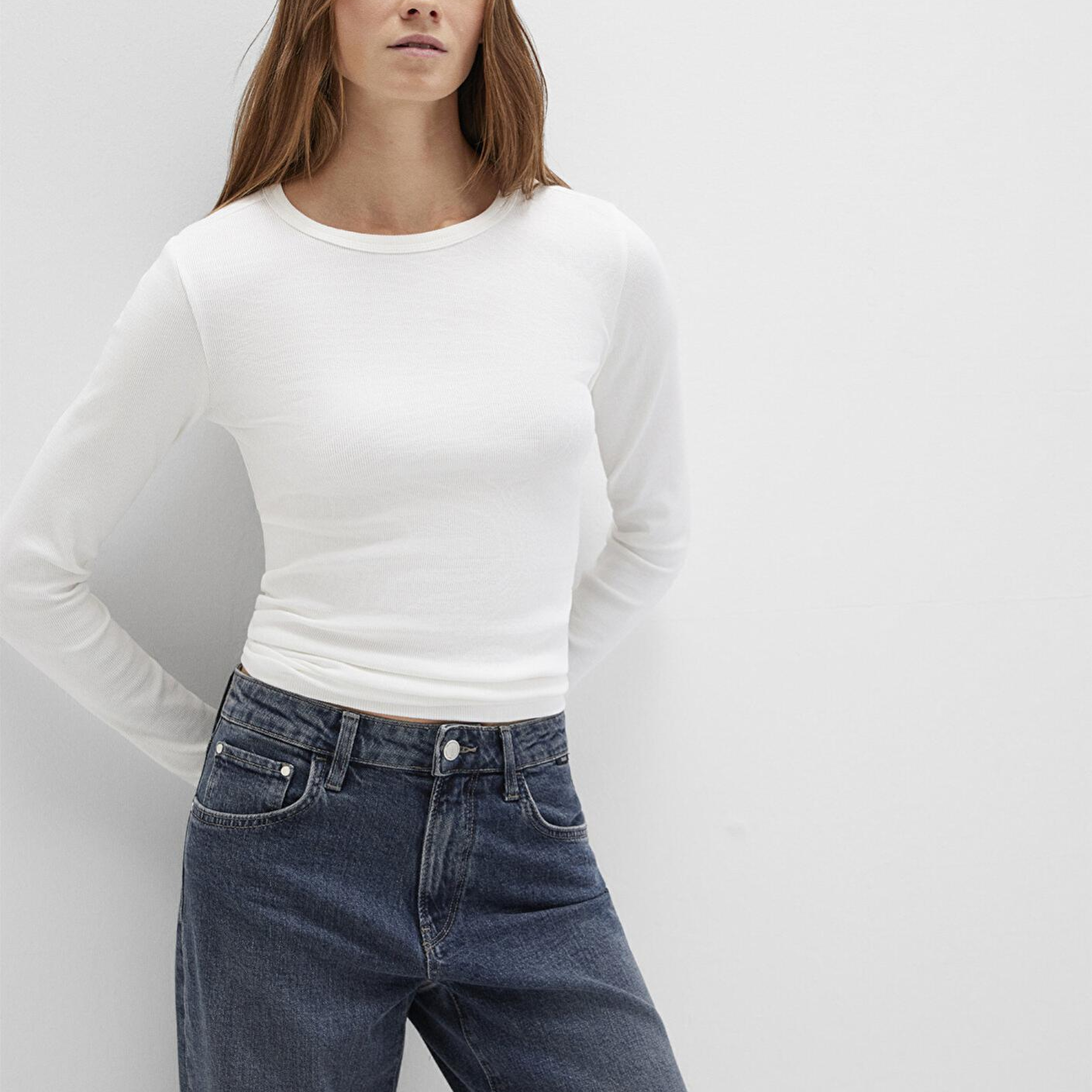 Mavi Uzun Kollu Ekru Basic Tişört Fitted / Vücuda Oturan Kesim 1613040-70057