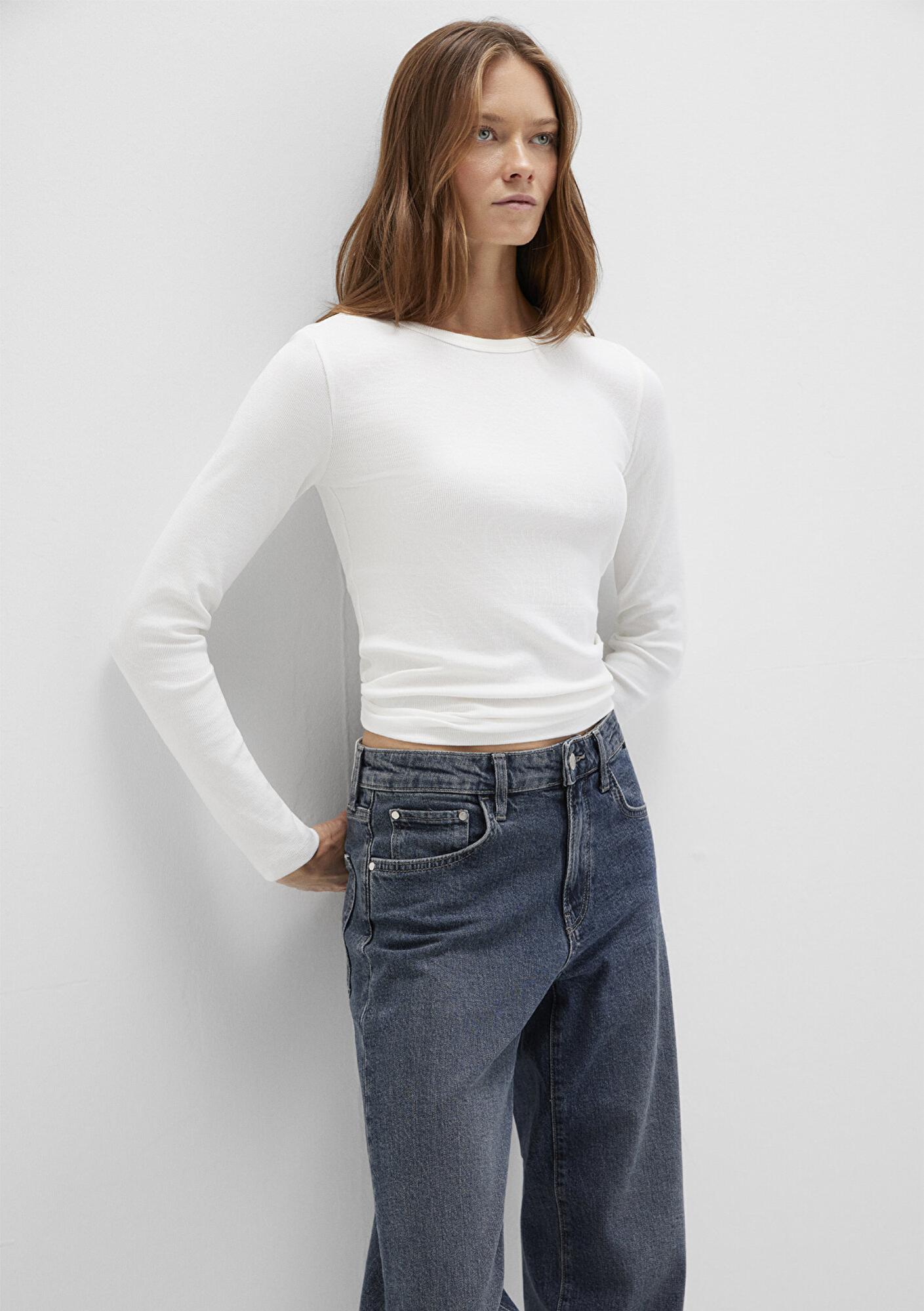 Mavi Uzun Kollu Ekru Basic Tişört Fitted / Vücuda Oturan Kesim 1613040-70057