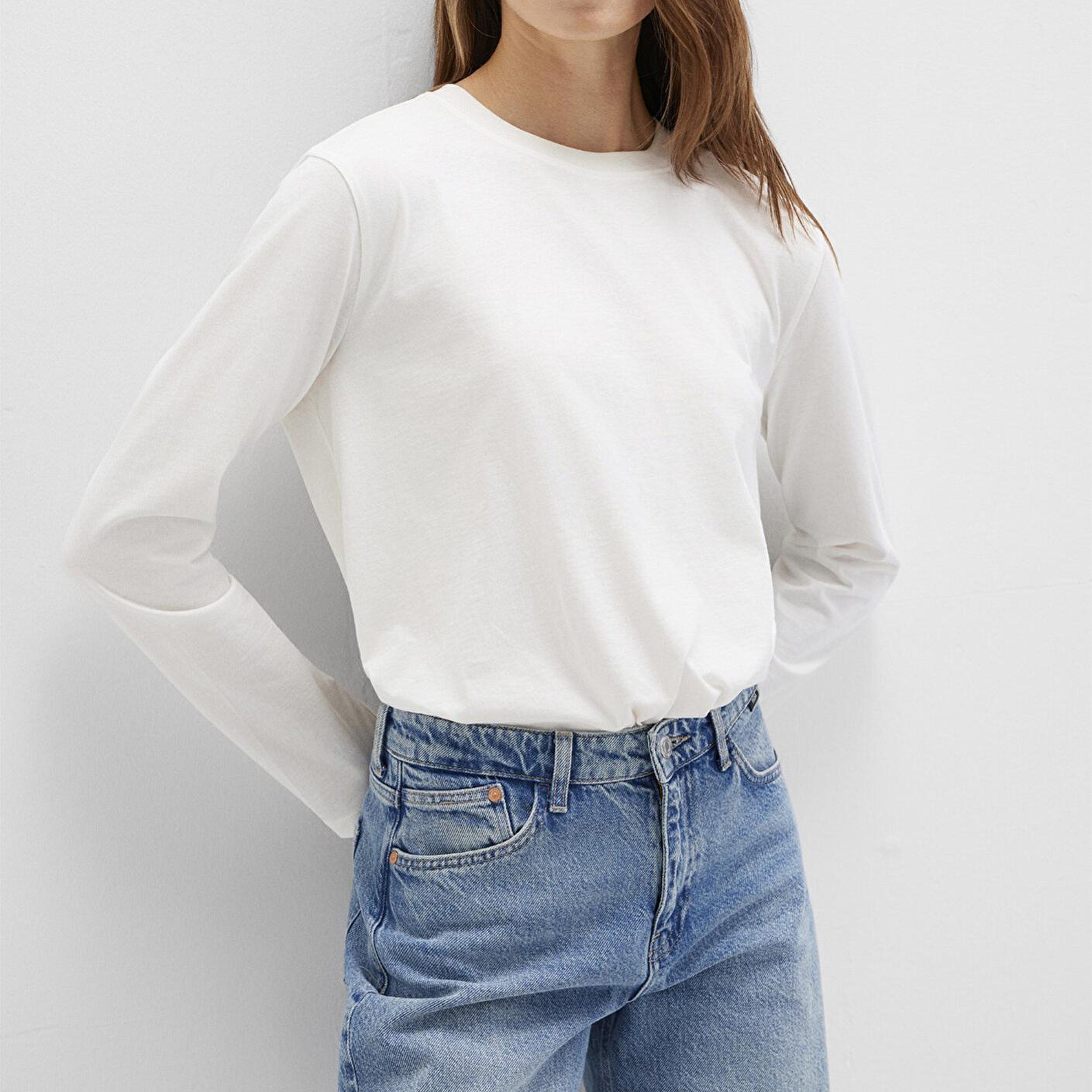 Mavi Uzun Kollu Ekru Basic Tişört Loose Fit / Bol Rahat Kesim 1613038-70057