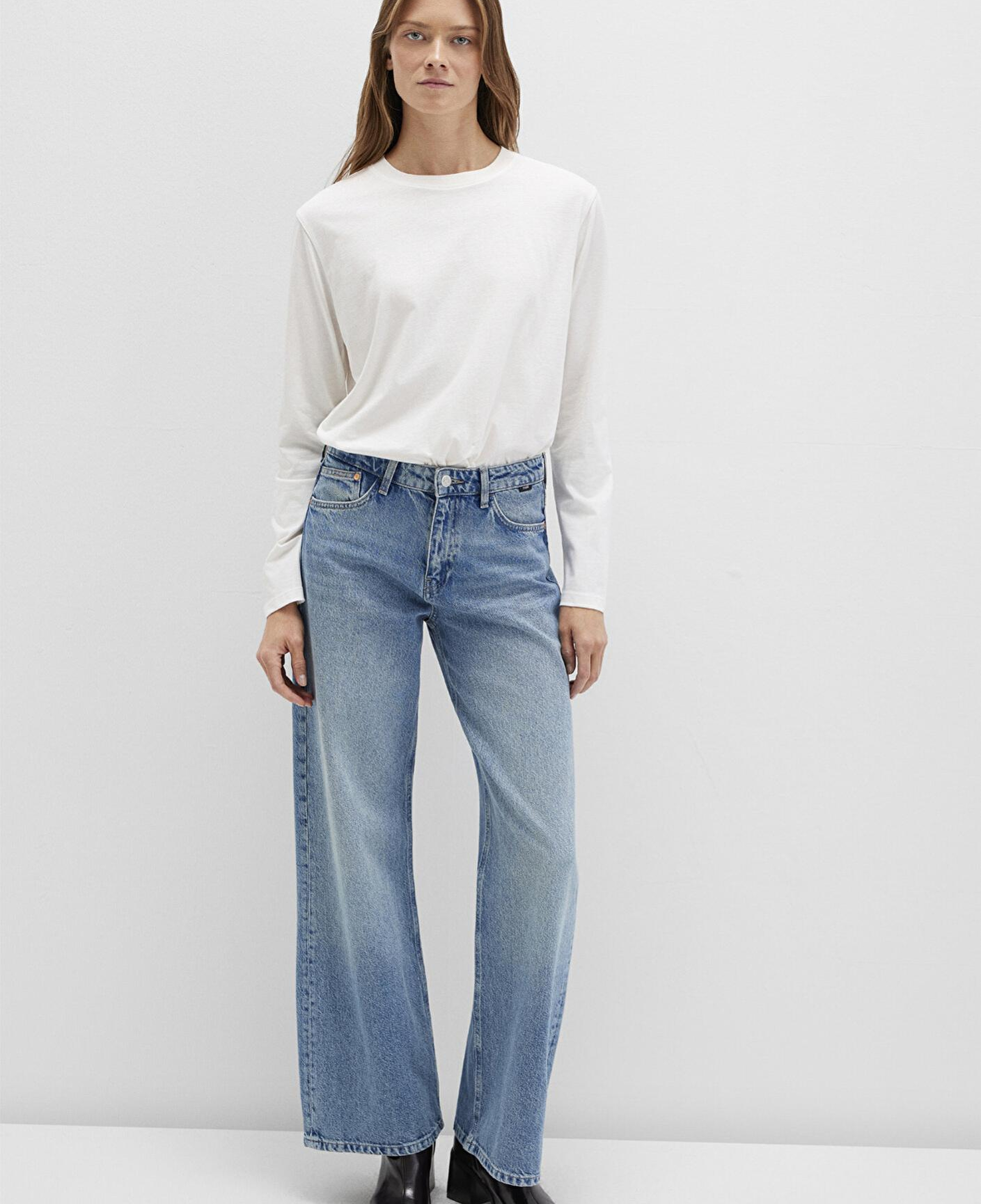 Mavi Uzun Kollu Ekru Basic Tişört Loose Fit / Bol Rahat Kesim 1613038-70057