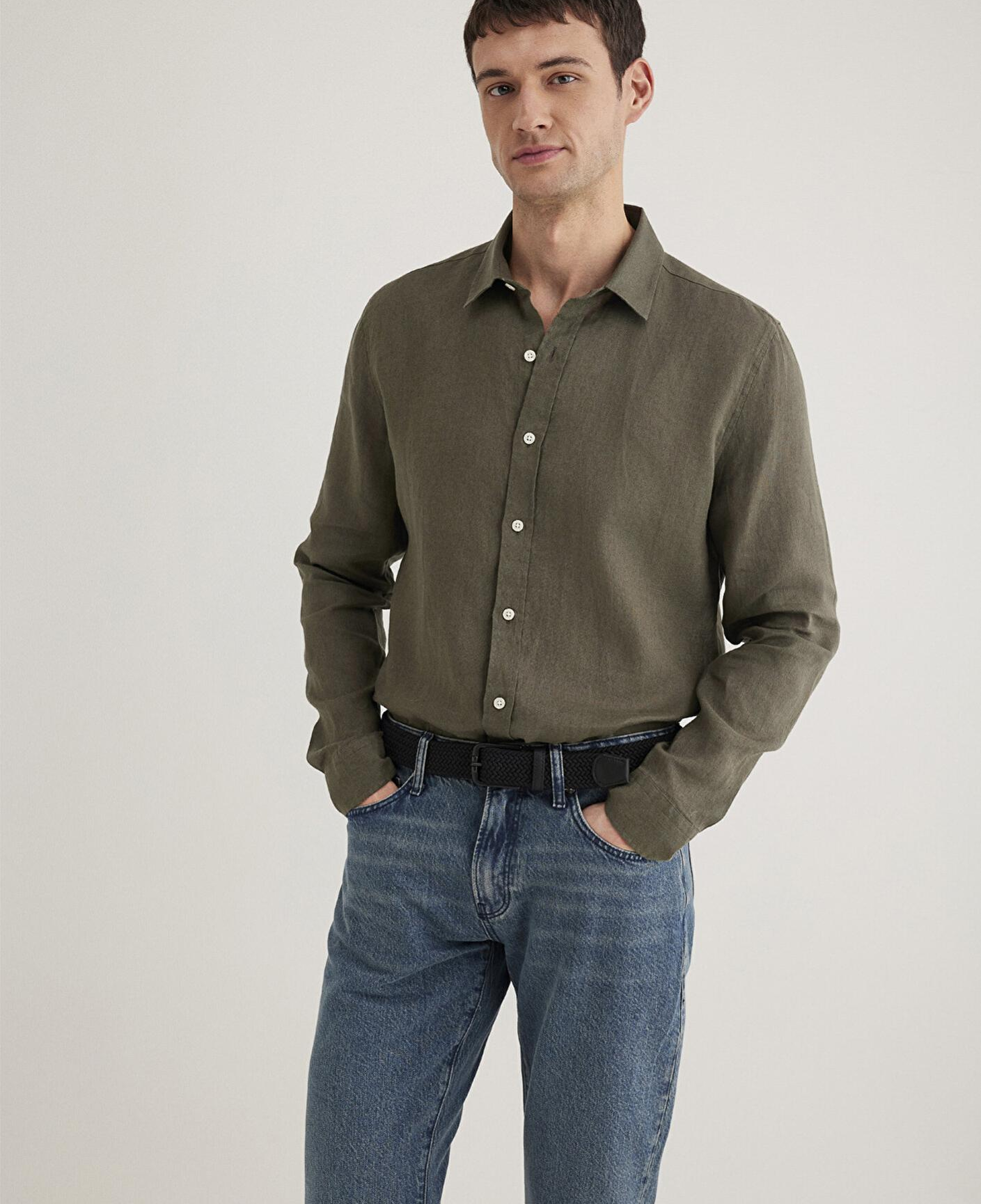 Mavi Haki Keten Gömlek Slim Fit / Dar Kesim 0211466-71546