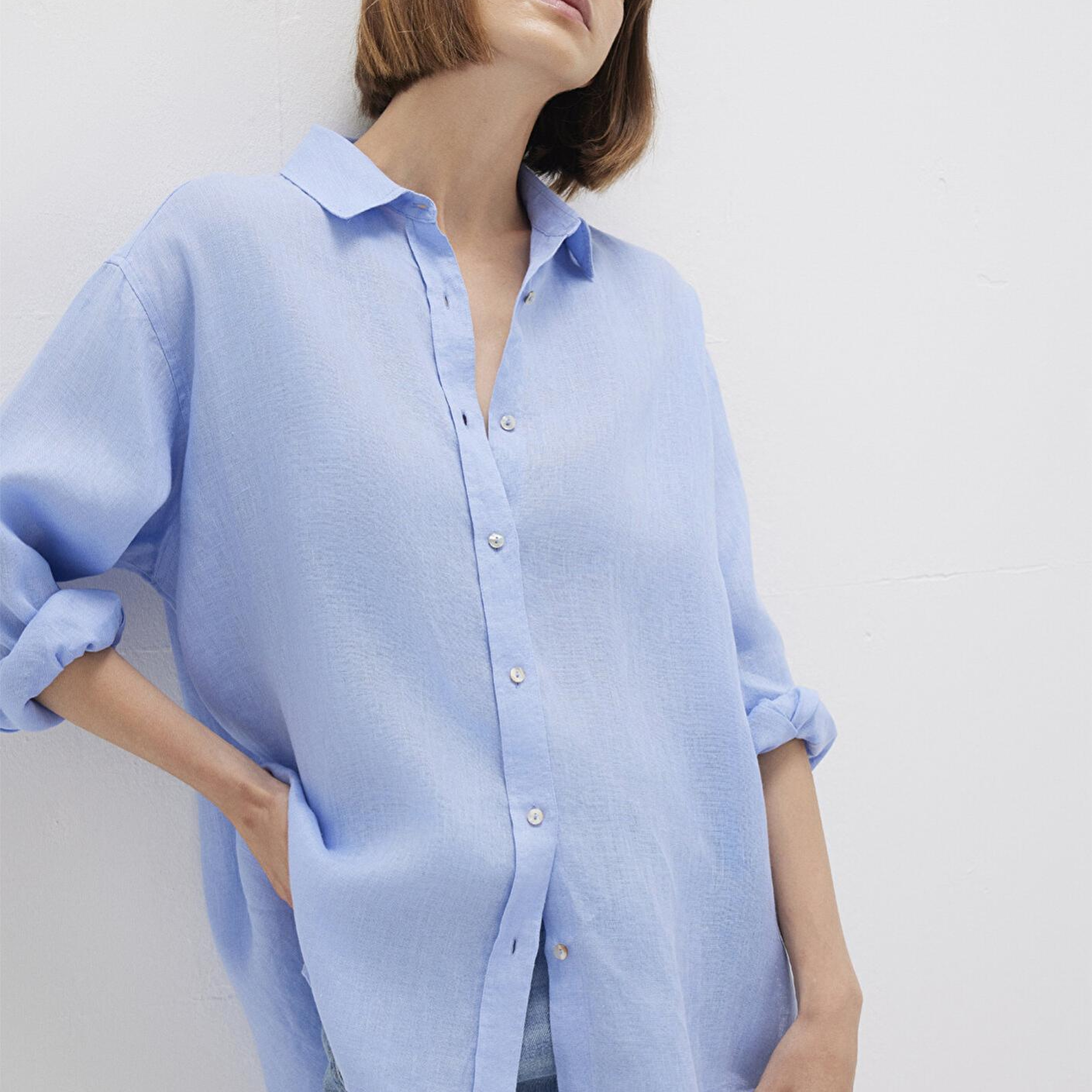 Mavi Mavi Keten Gömlek Loose Fit / Bol Rahat Kesim 1210747-80874