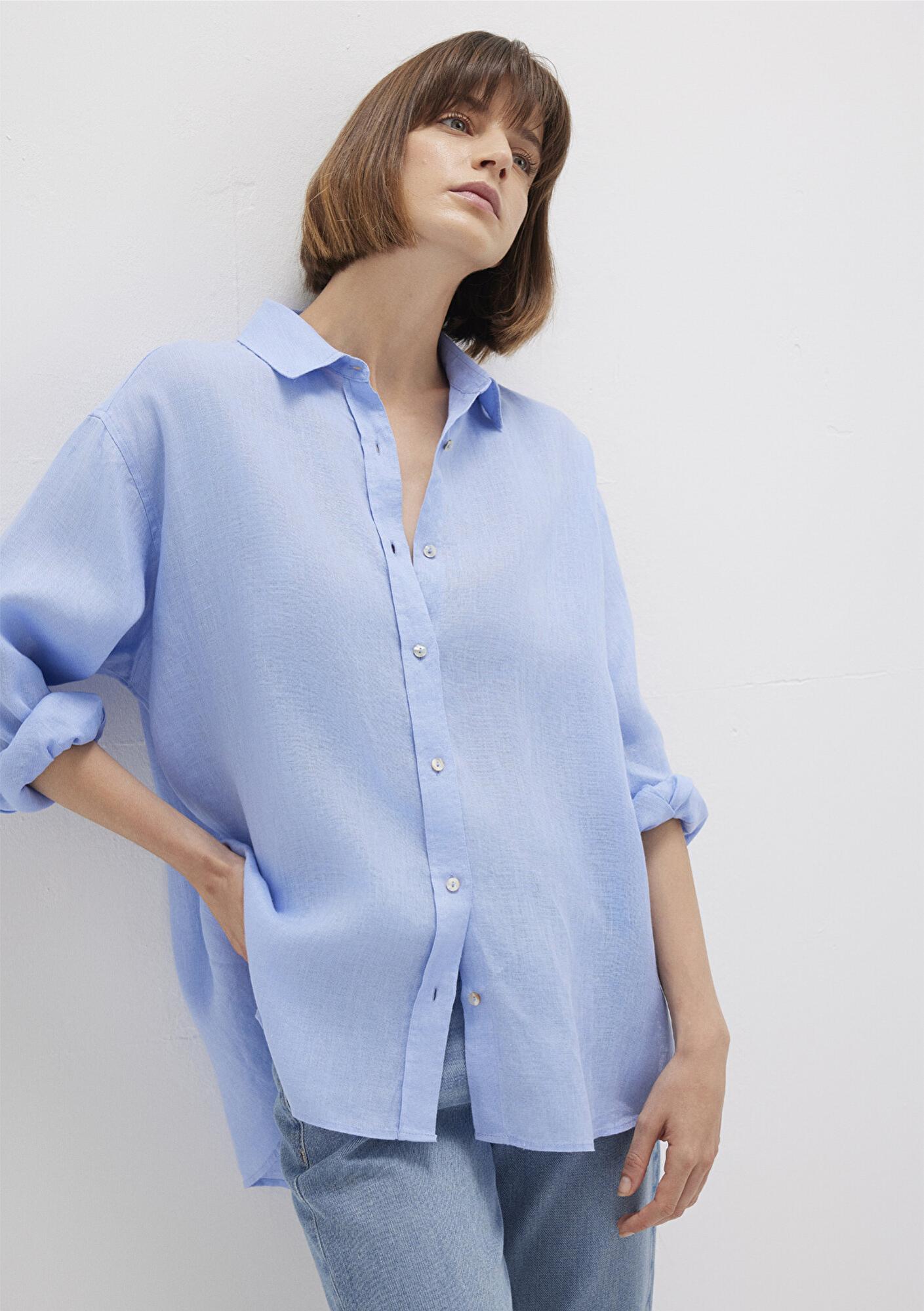 Mavi Mavi Keten Gömlek Loose Fit / Bol Rahat Kesim 1210747-80874