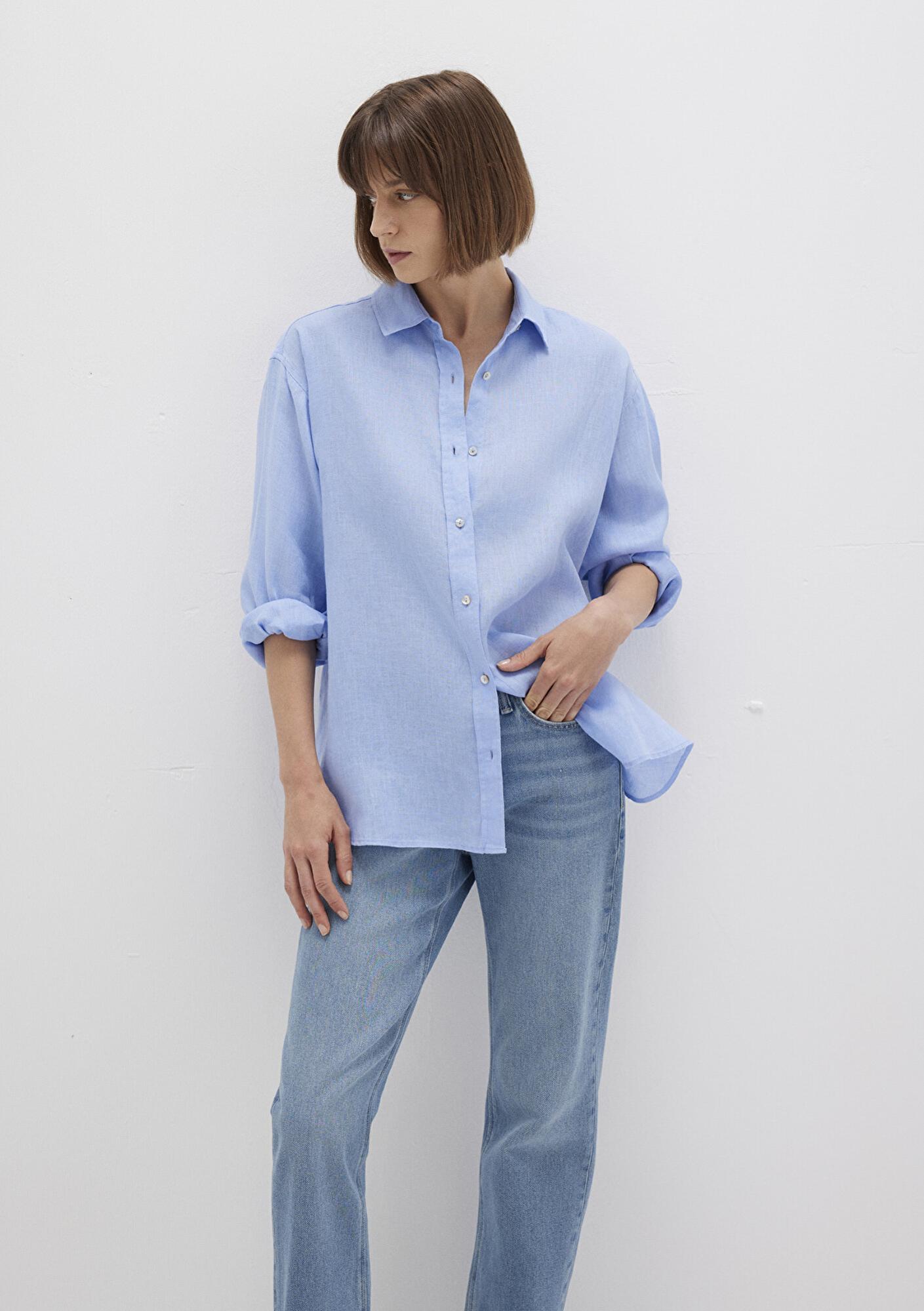 Mavi Mavi Keten Gömlek Loose Fit / Bol Rahat Kesim 1210747-80874