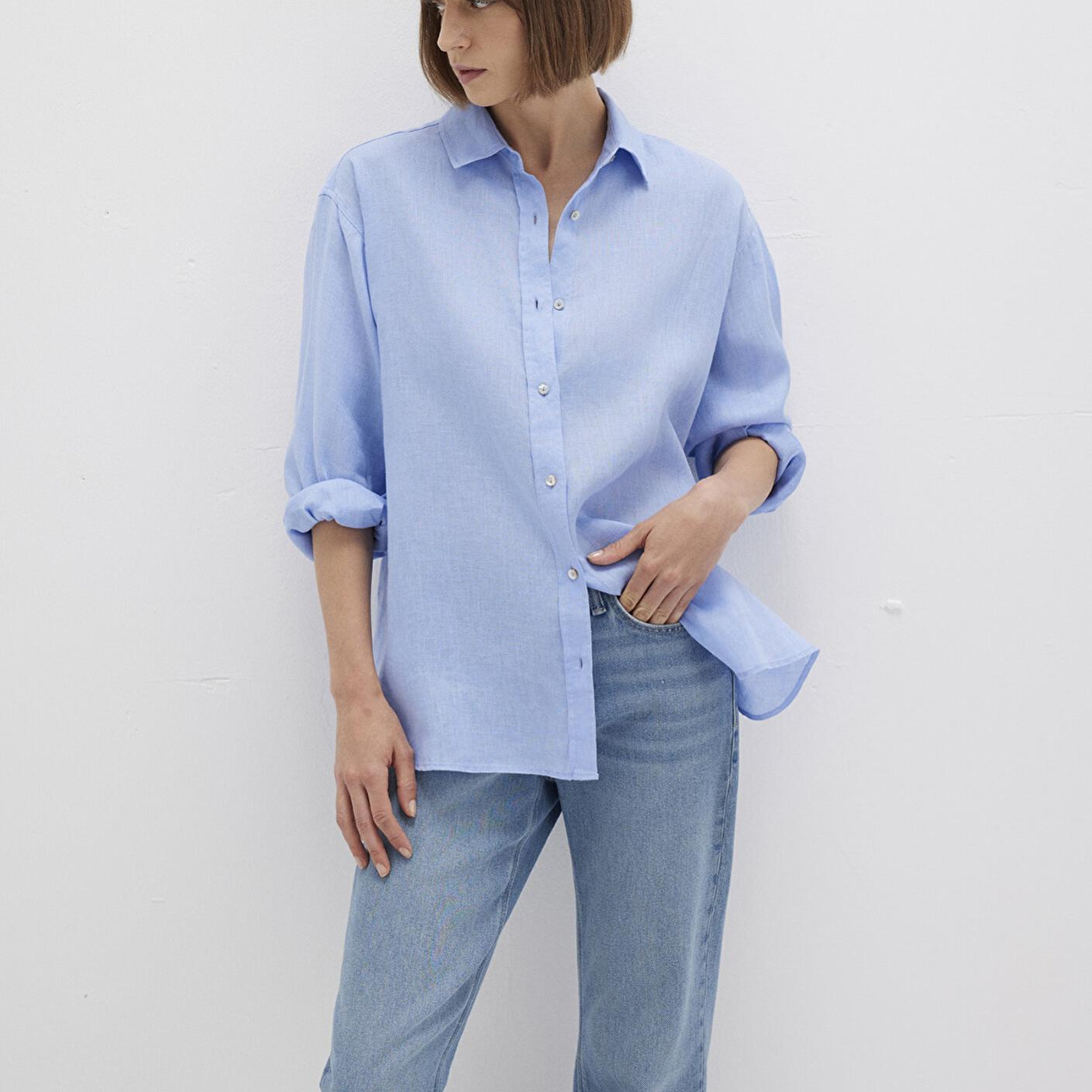 Mavi Mavi Keten Gömlek Loose Fit / Bol Rahat Kesim 1210747-80874