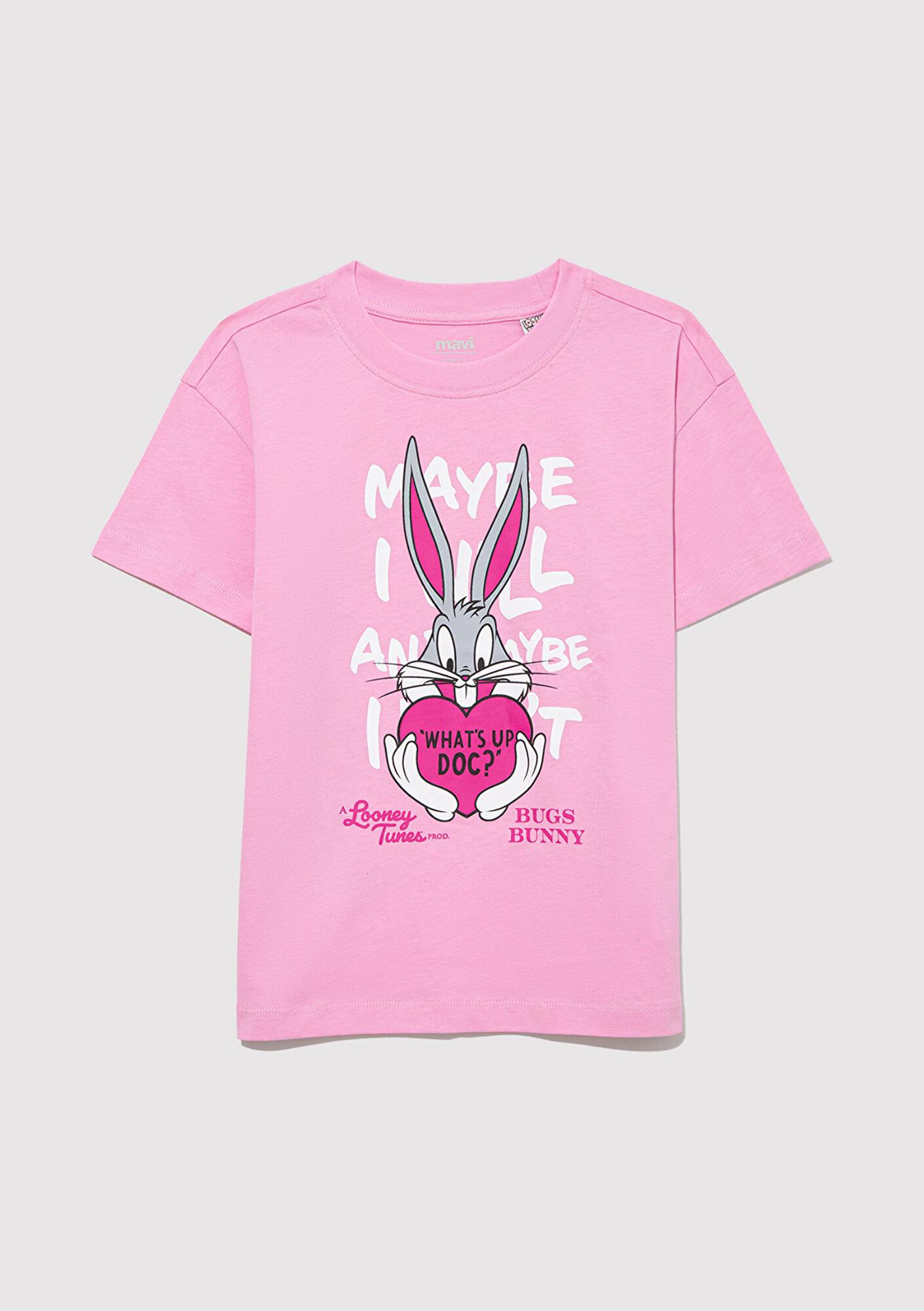 Mavi Bugs Bunny Baskılı Pembe Tişört Loose Fit / Bol Rahat Kesim 7610303-71038