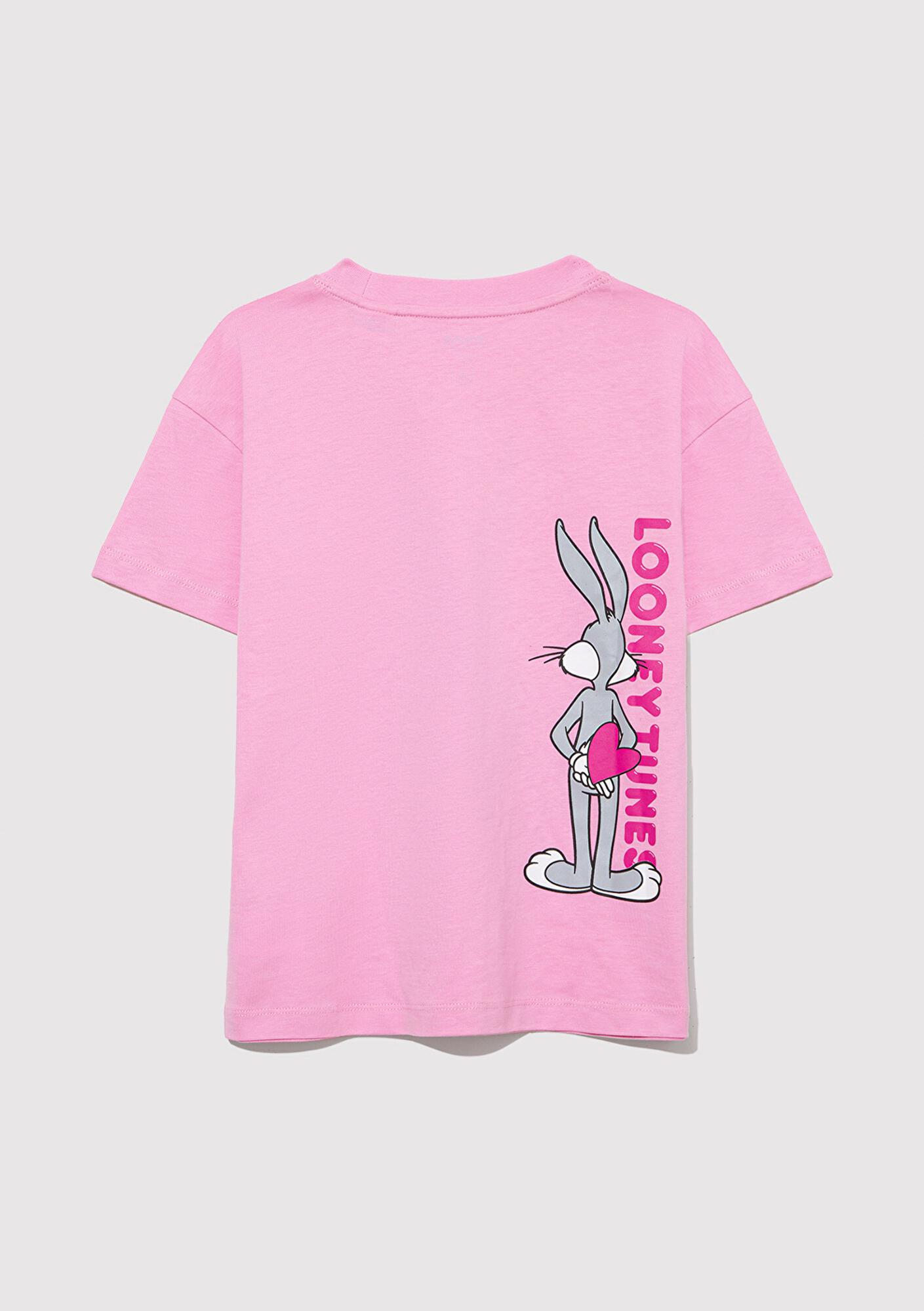 Mavi Bugs Bunny Baskılı Pembe Tişört Loose Fit / Bol Rahat Kesim 7610303-71038