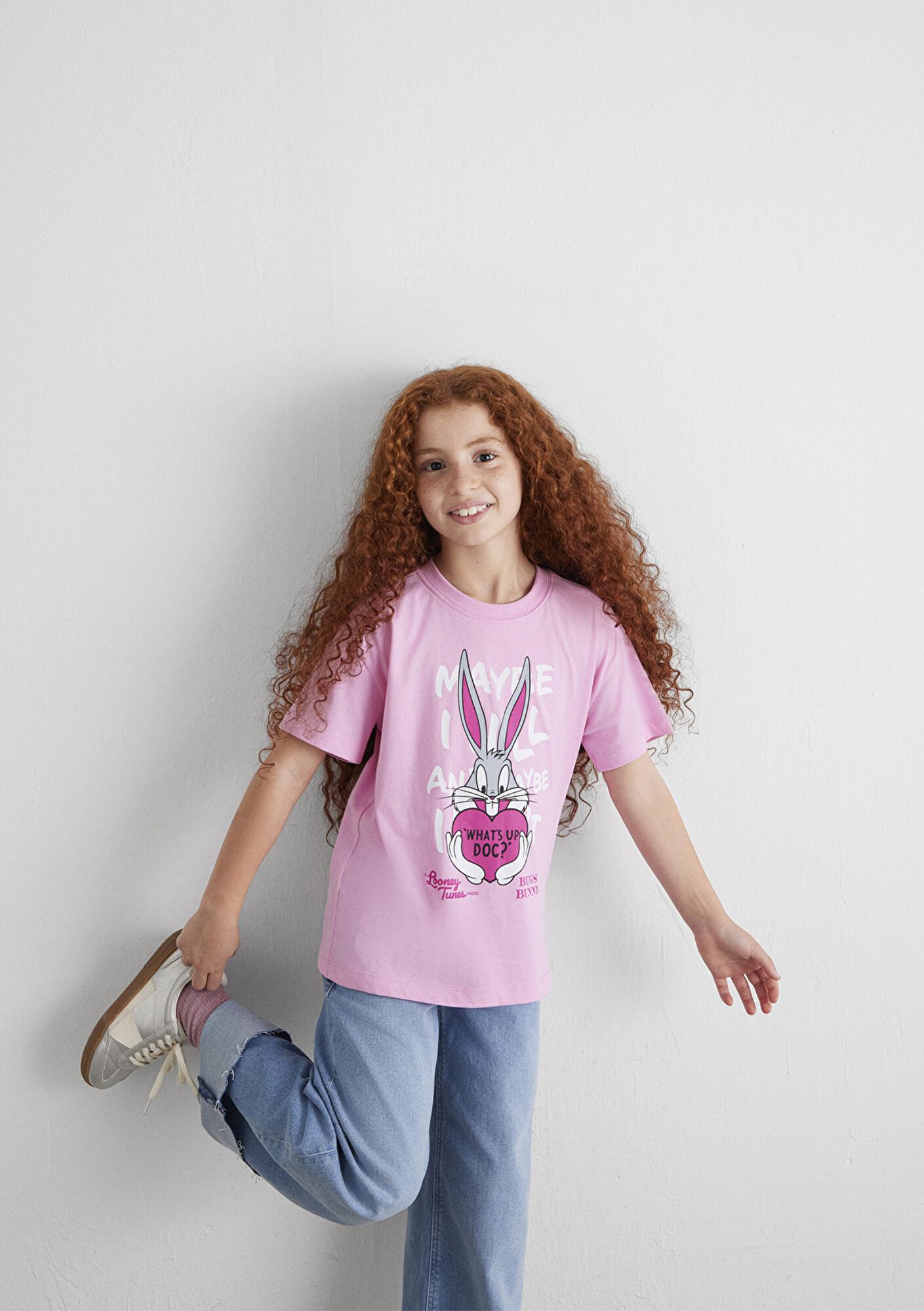 Mavi Bugs Bunny Baskılı Pembe Tişört Loose Fit / Bol Rahat Kesim 7610303-71038