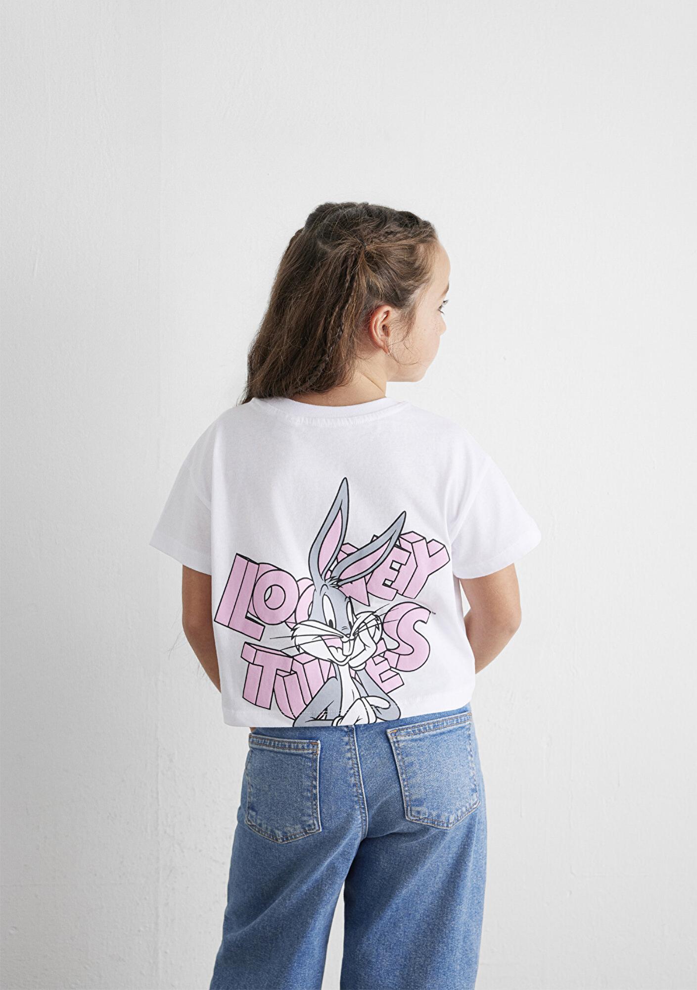 Mavi Bugs Bunny Baskılı Beyaz Tişört Loose Fit / Bol Rahat Kesim 7610304-620