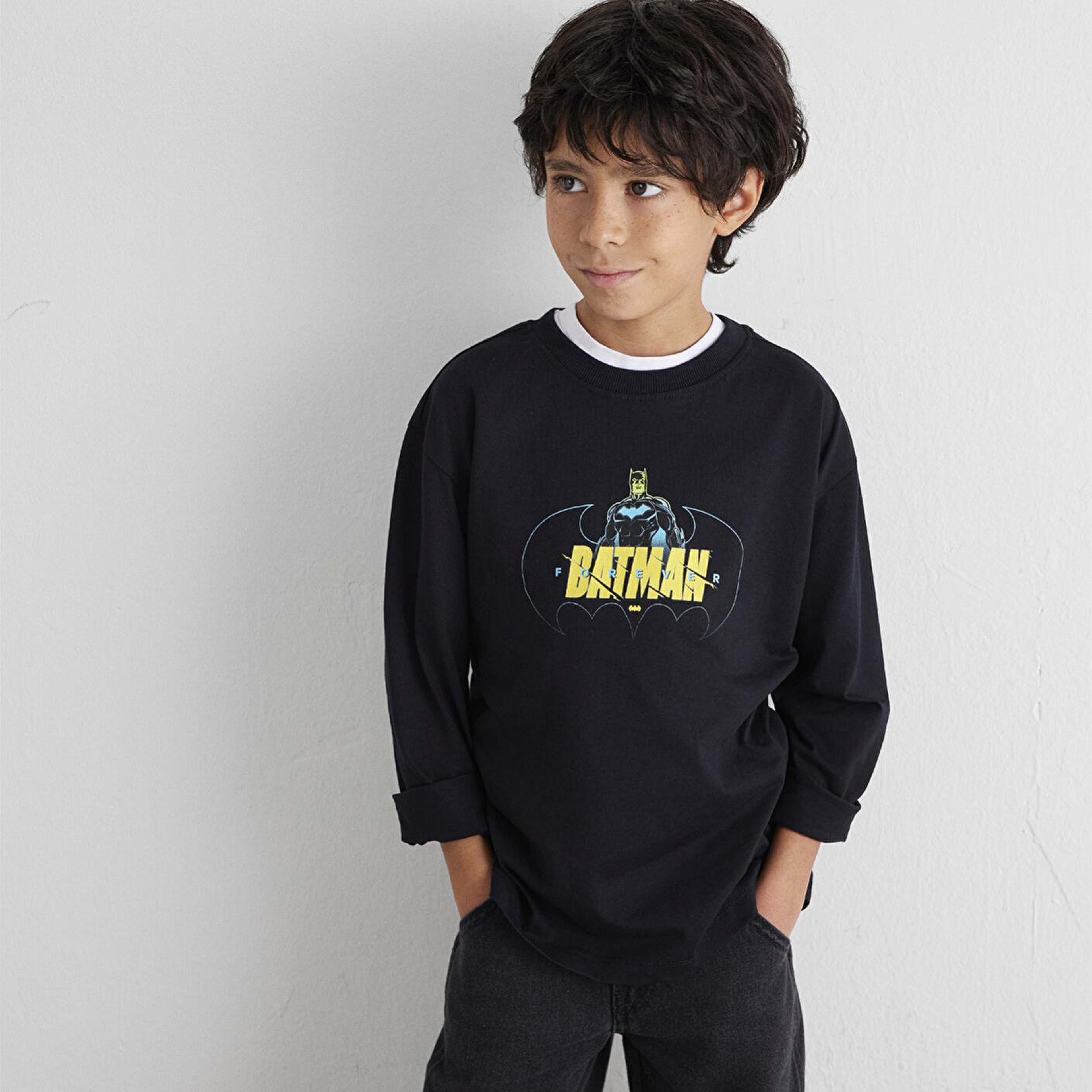 Mavi Batman Baskılı Siyah Tişört Loose Fit / Bol Rahat Kesim 6610294-900