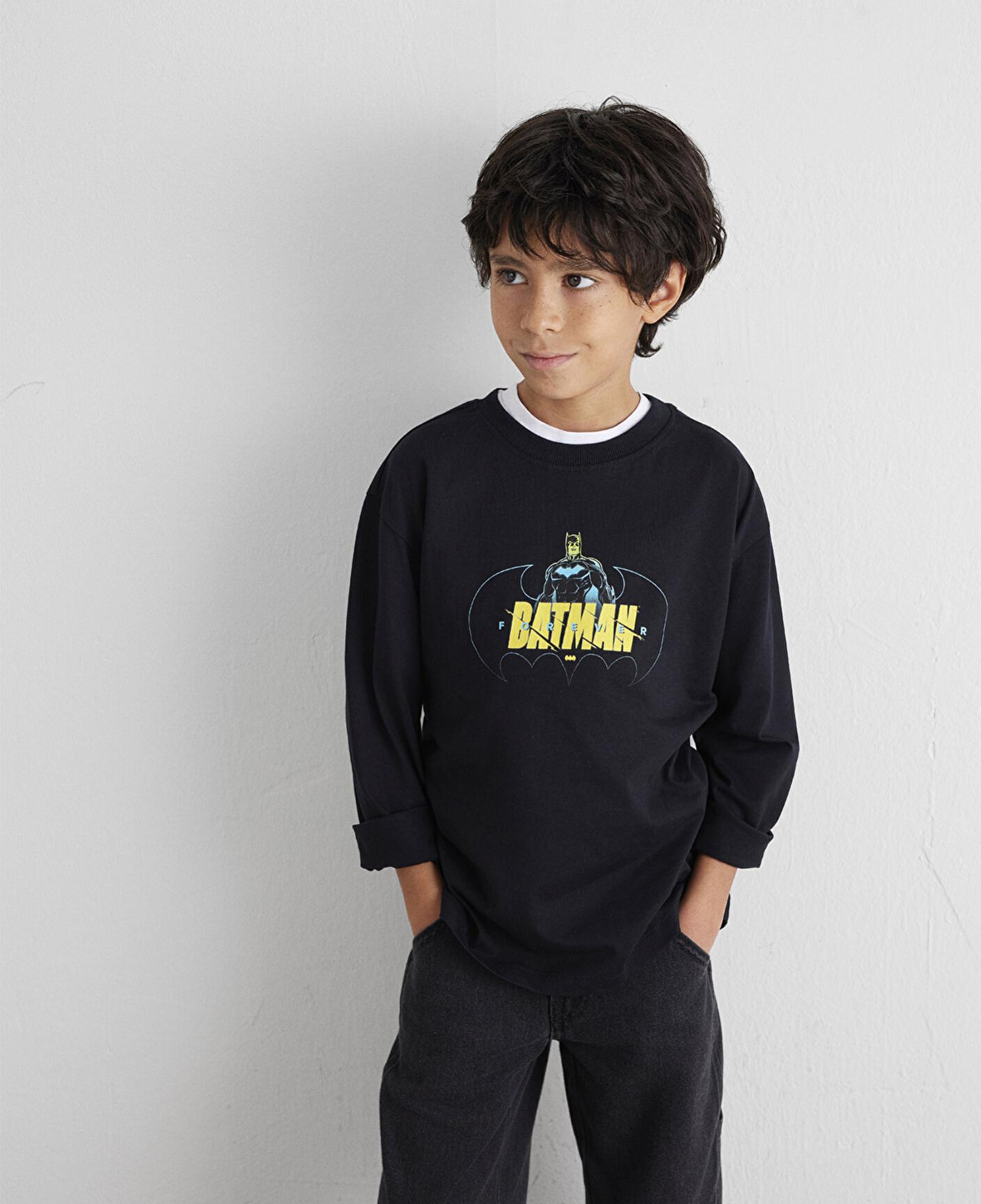 Mavi Batman Baskılı Siyah Tişört Loose Fit / Bol Rahat Kesim 6610294-900