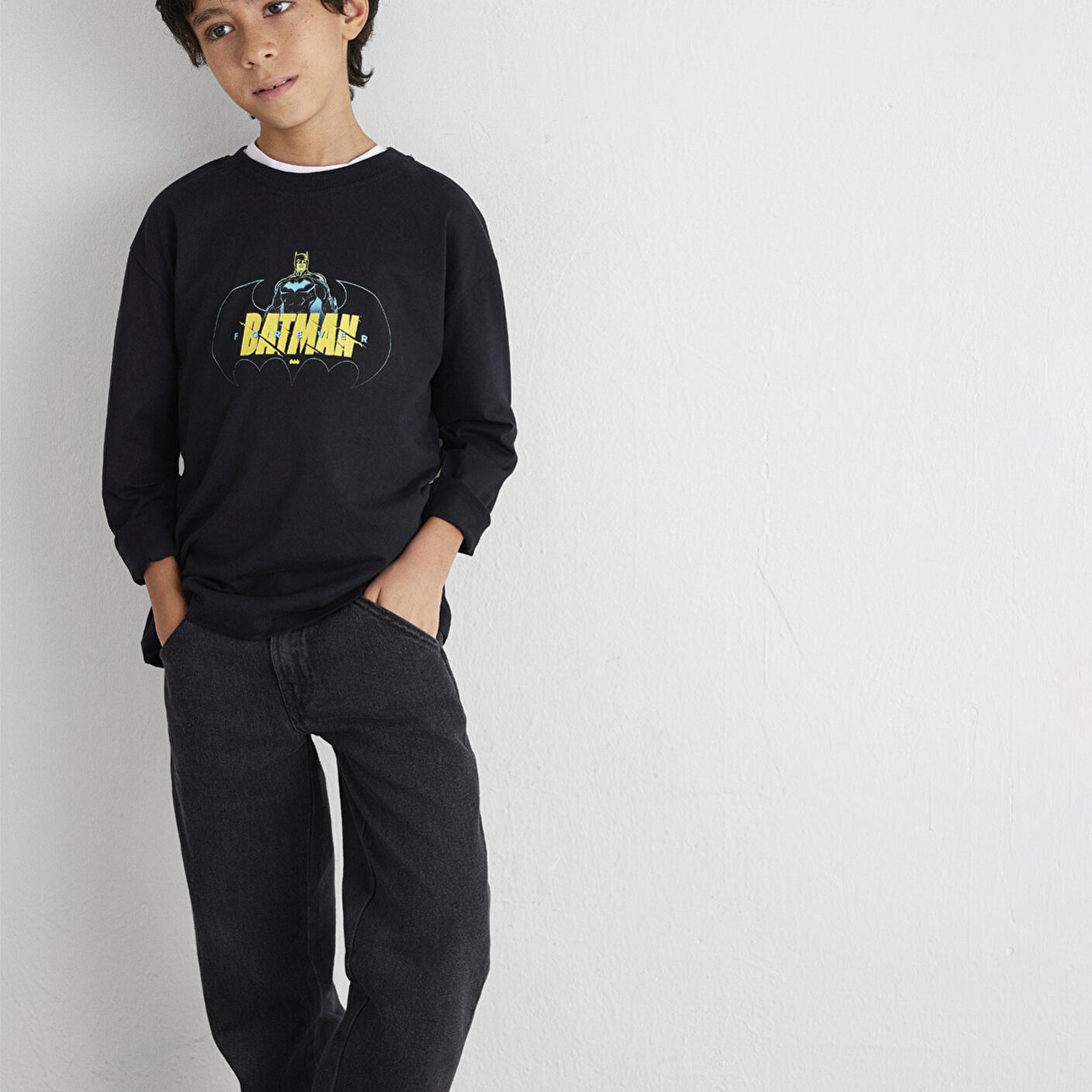 Mavi Batman Baskılı Siyah Tişört Loose Fit / Bol Rahat Kesim 6610294-900