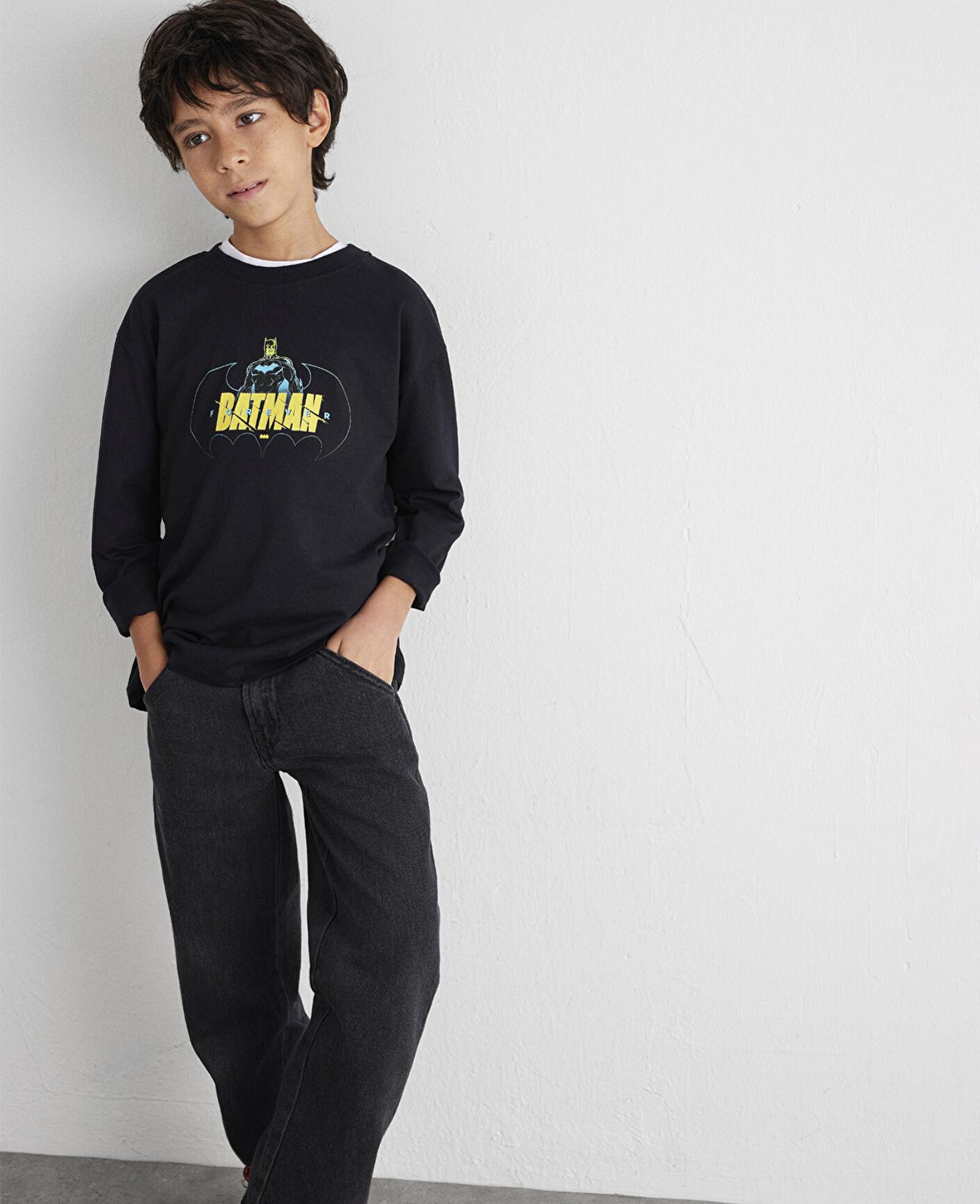 Mavi Batman Baskılı Siyah Tişört Loose Fit / Bol Rahat Kesim 6610294-900