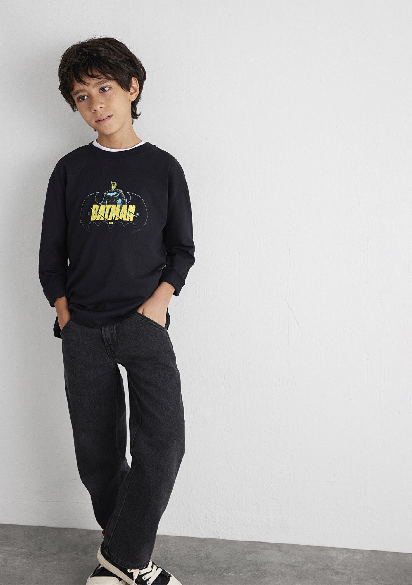 Mavi Batman Baskılı Siyah Tişört Loose Fit / Bol Rahat Kesim 6610294-900