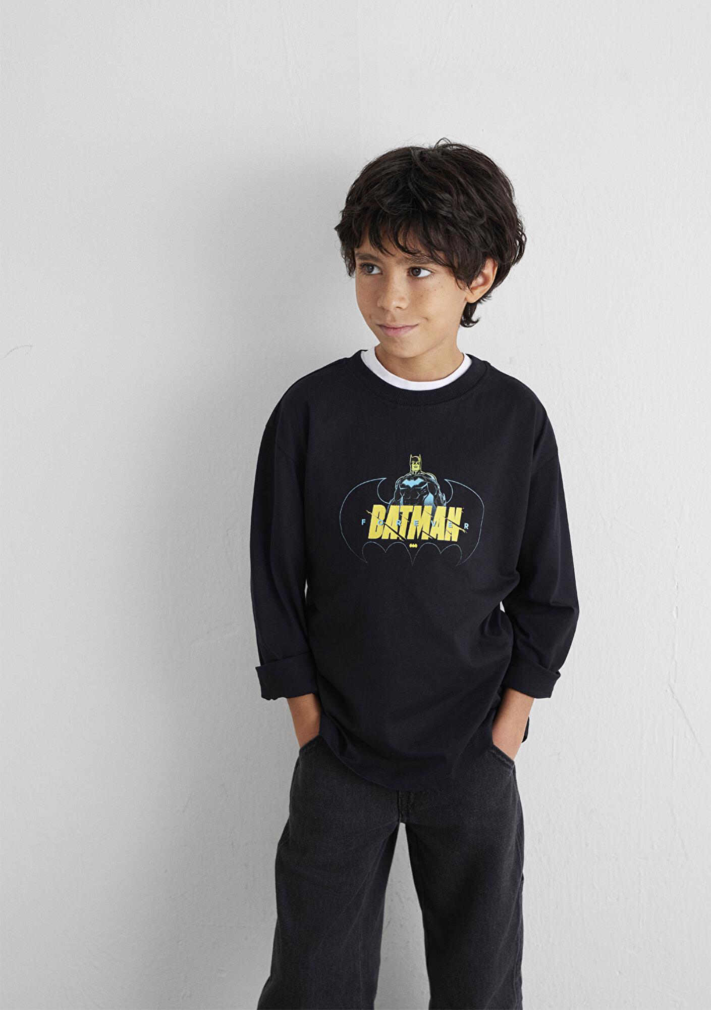 Mavi Batman Baskılı Siyah Tişört Loose Fit / Bol Rahat Kesim 6610294-900