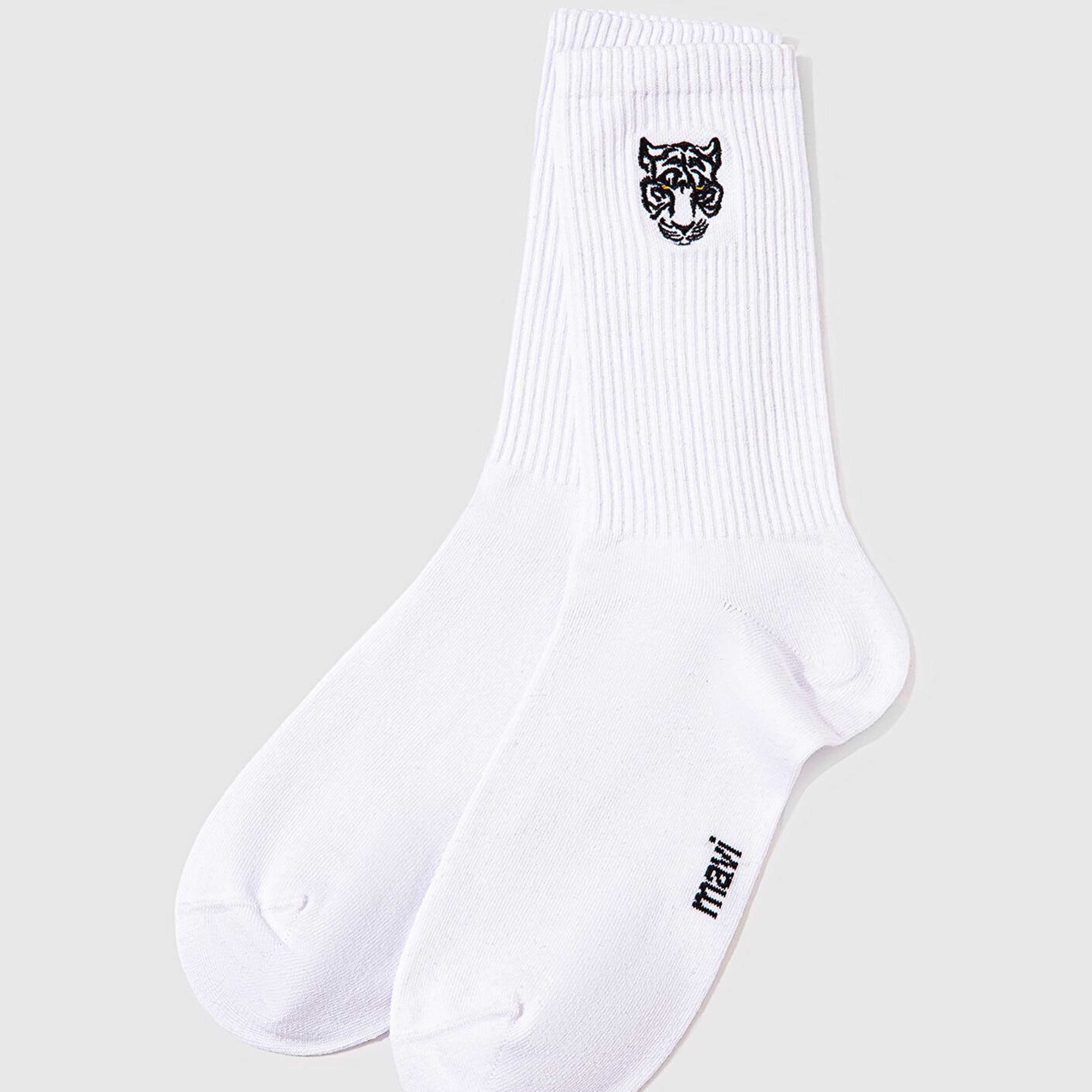 Mavi Kaplan İşlemeli Beyaz Soket Çorap 0911744-620