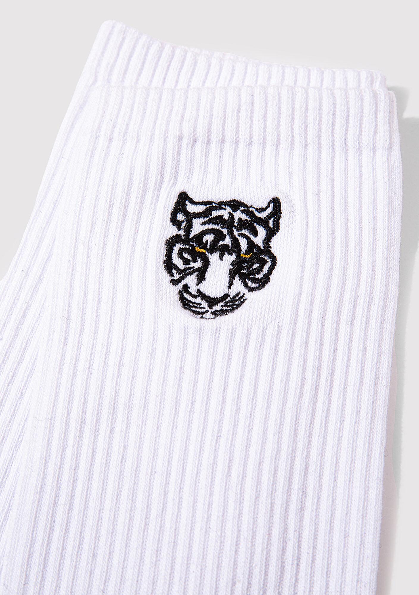 Mavi Kaplan İşlemeli Beyaz Soket Çorap 0911744-620