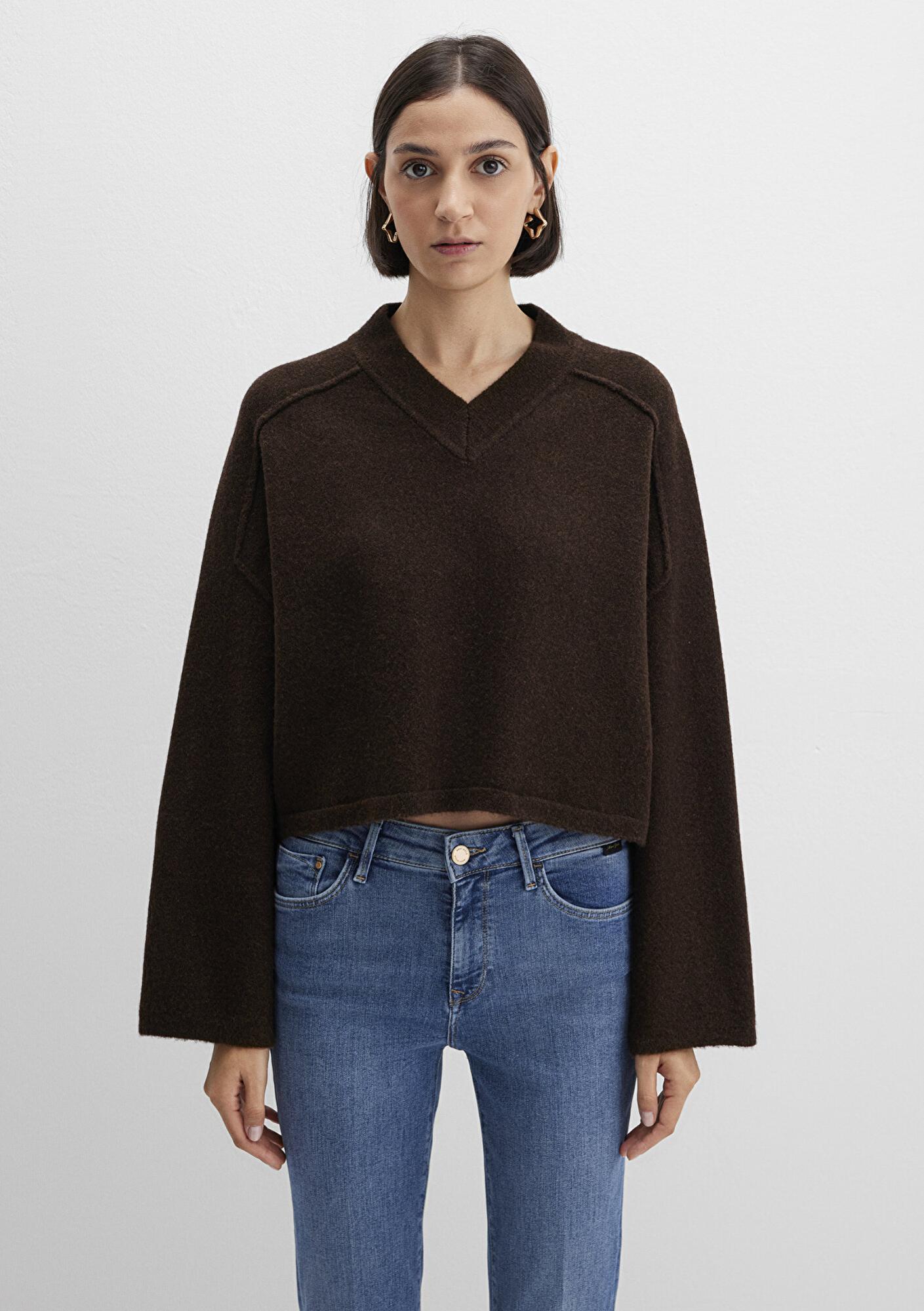 Mavi Yün Karışımlı Kahverengi Kazak Boxy Fit 1710626-88615