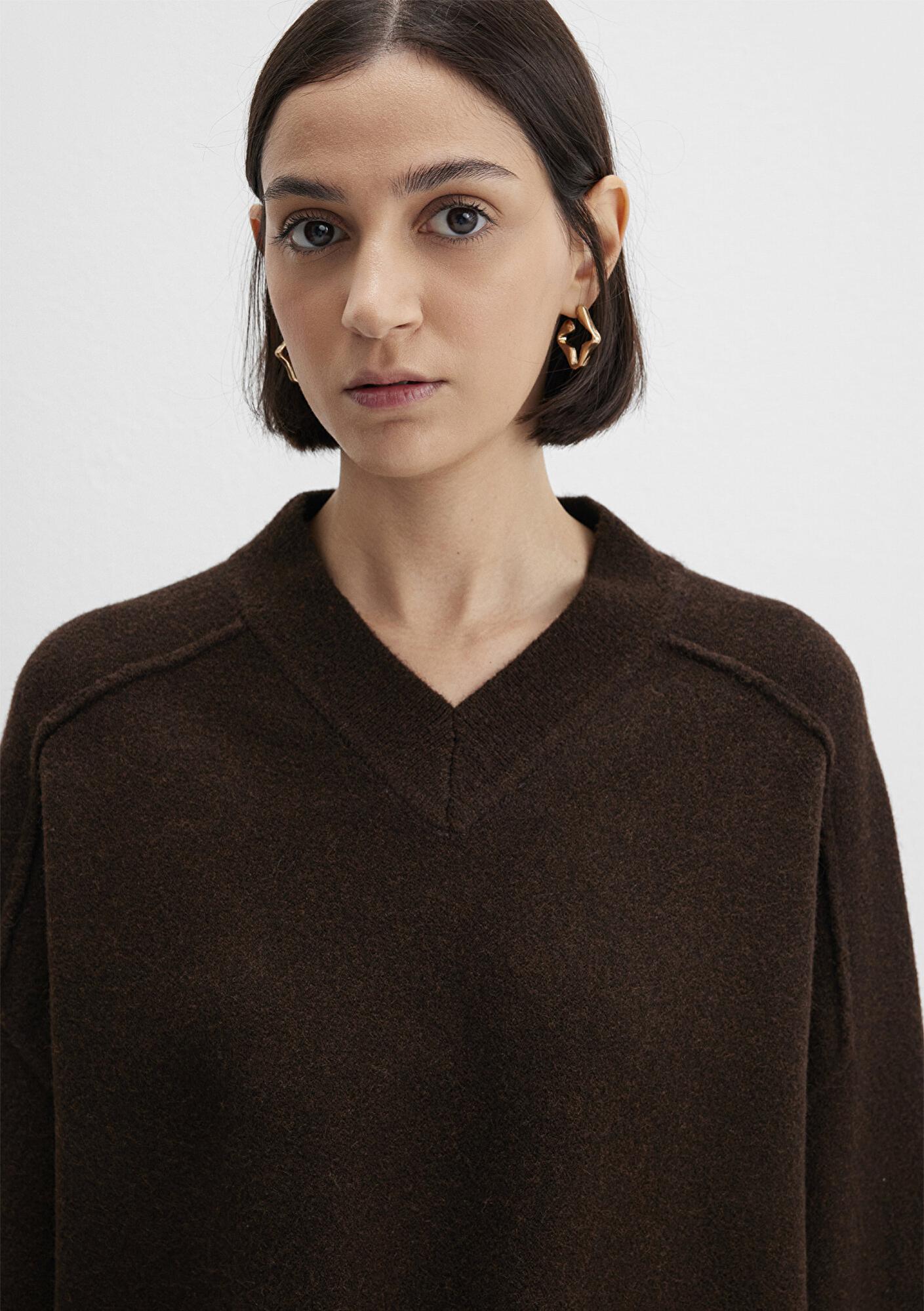 Mavi Yün Karışımlı Kahverengi Kazak Boxy Fit 1710626-88615