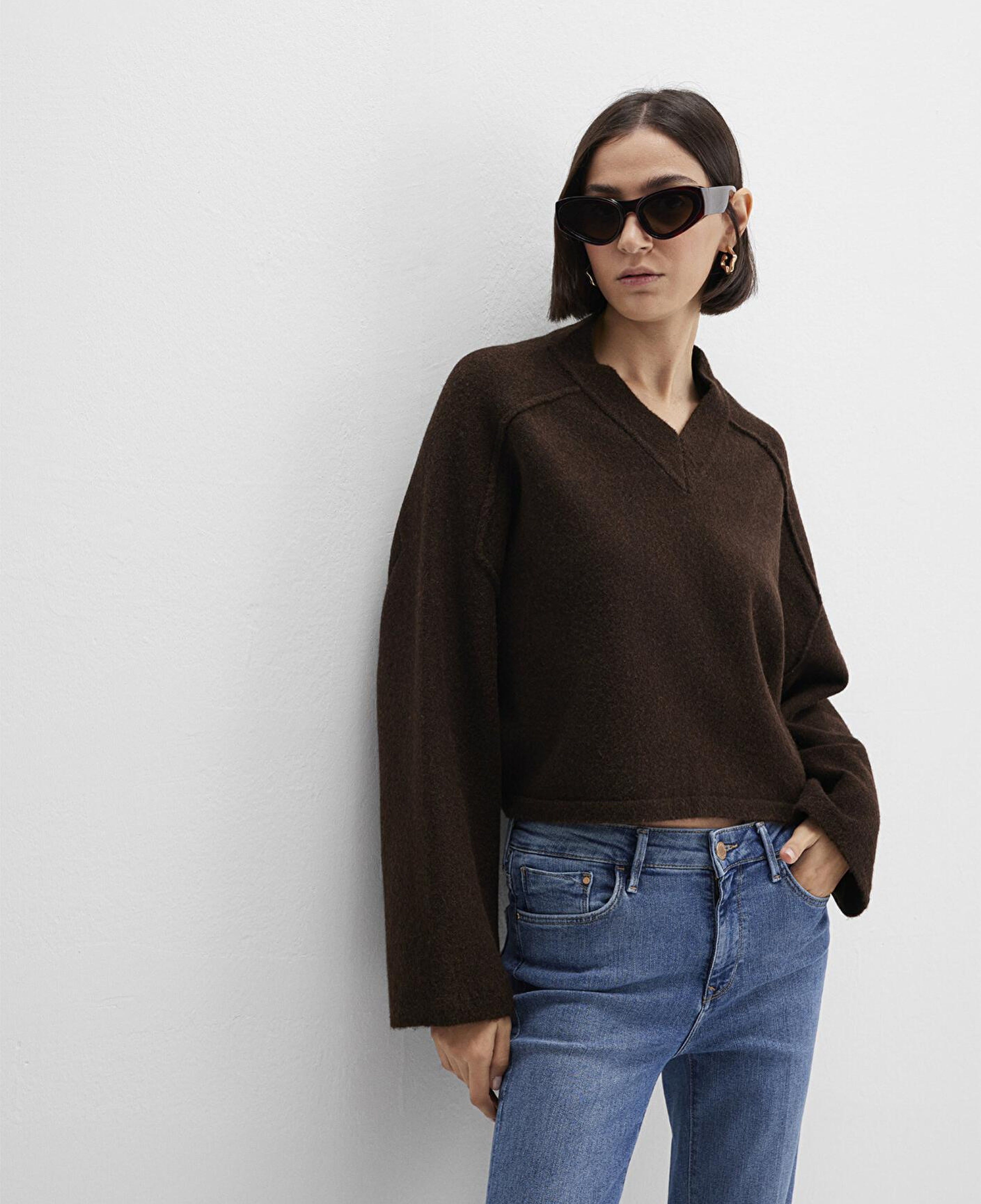 Mavi Yün Karışımlı Kahverengi Kazak Boxy Fit 1710626-88615