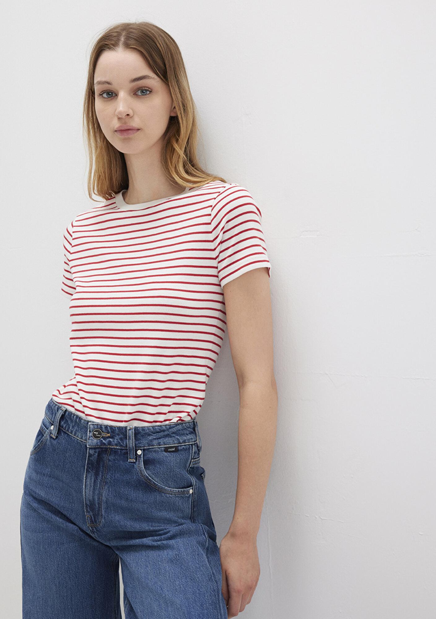 Mavi Bisiklet Yaka Çizgili Kırmızı Tişört Slim Fit / Dar Kesim 1612881-86680