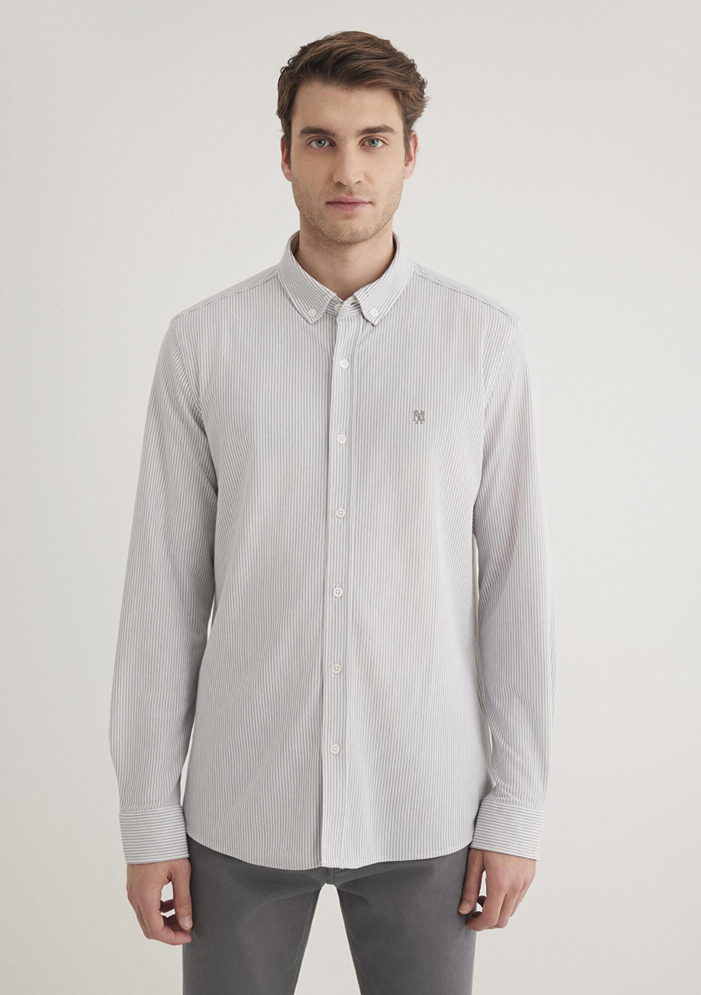 Mavi Çizgili Gri Gömlek Slim Fit / Dar Kesim 0211402-82577