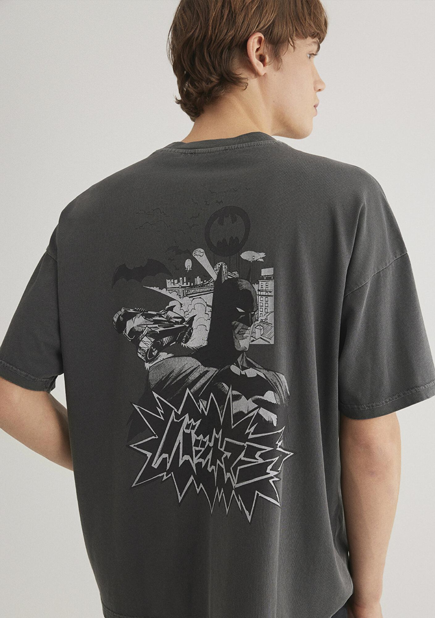 Mavi Batman Baskılı Antrasit Tişört Oversize / Geniş Kesim 0612569-900