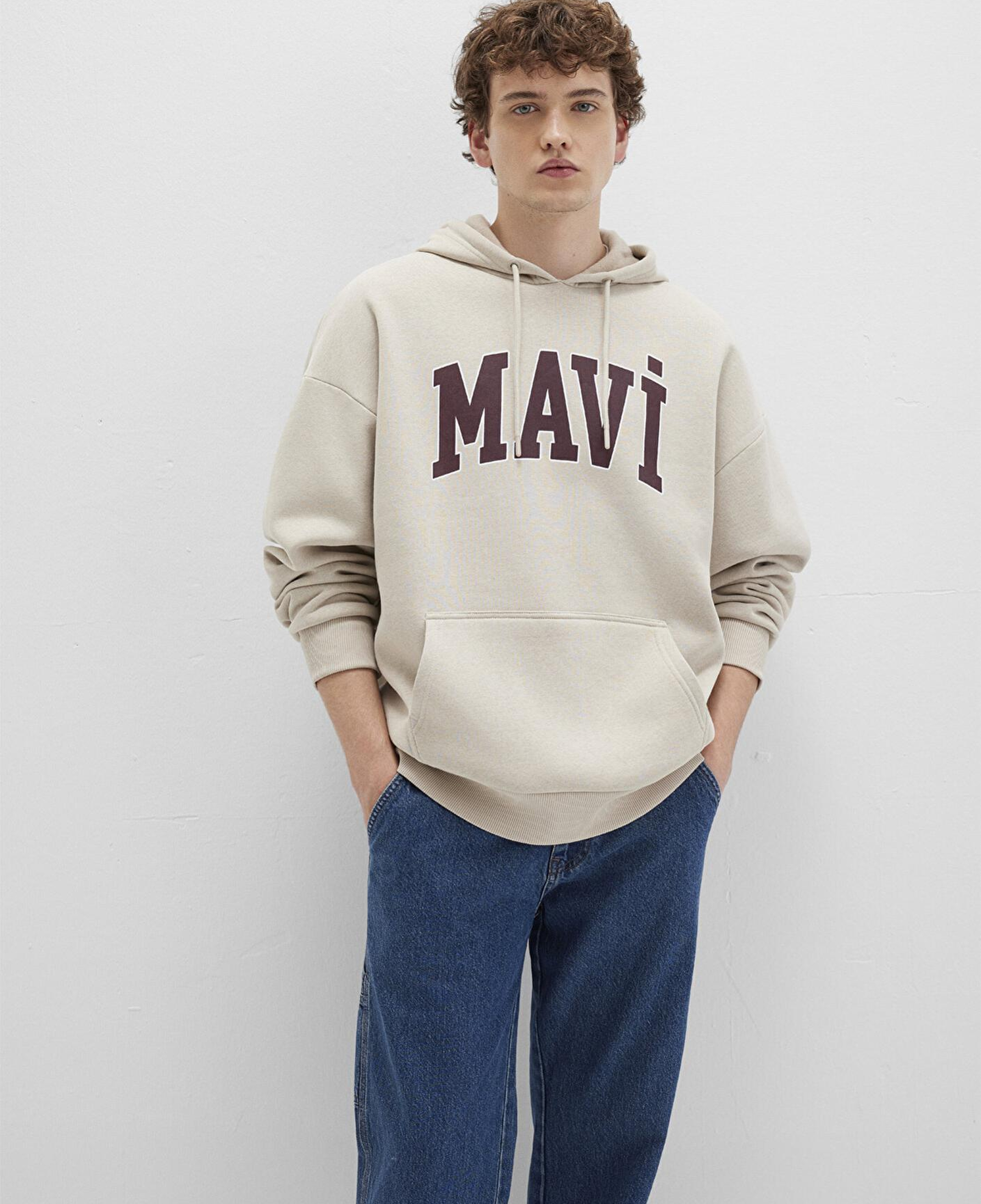 Mavi Mavi Logo Baskılı Kapüşonlu Bej Sweatshirt 067149-70004