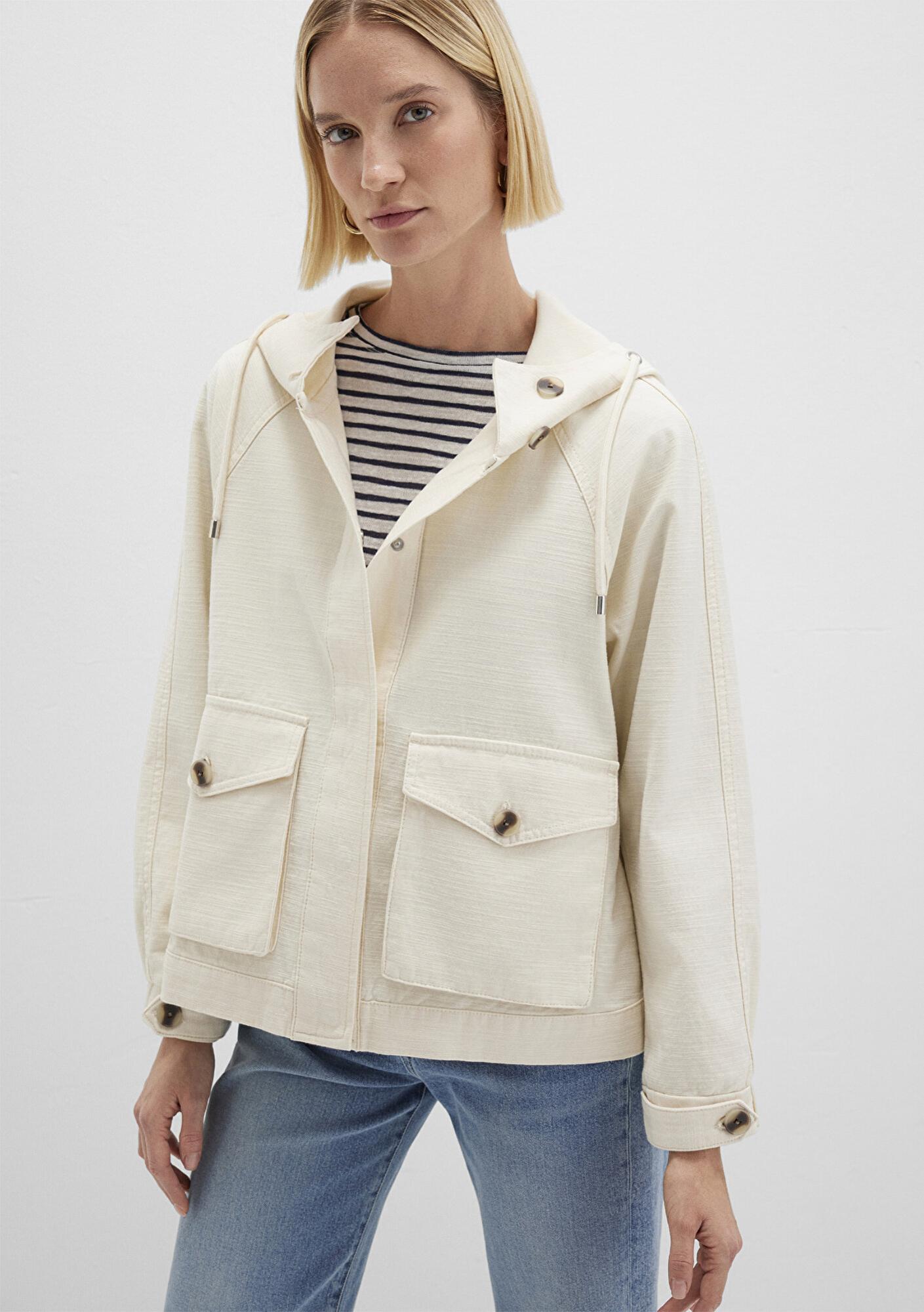 Mavi Kapüşonlu Ekru Ceket Oversize / Geniş Kesim 1110625-89513