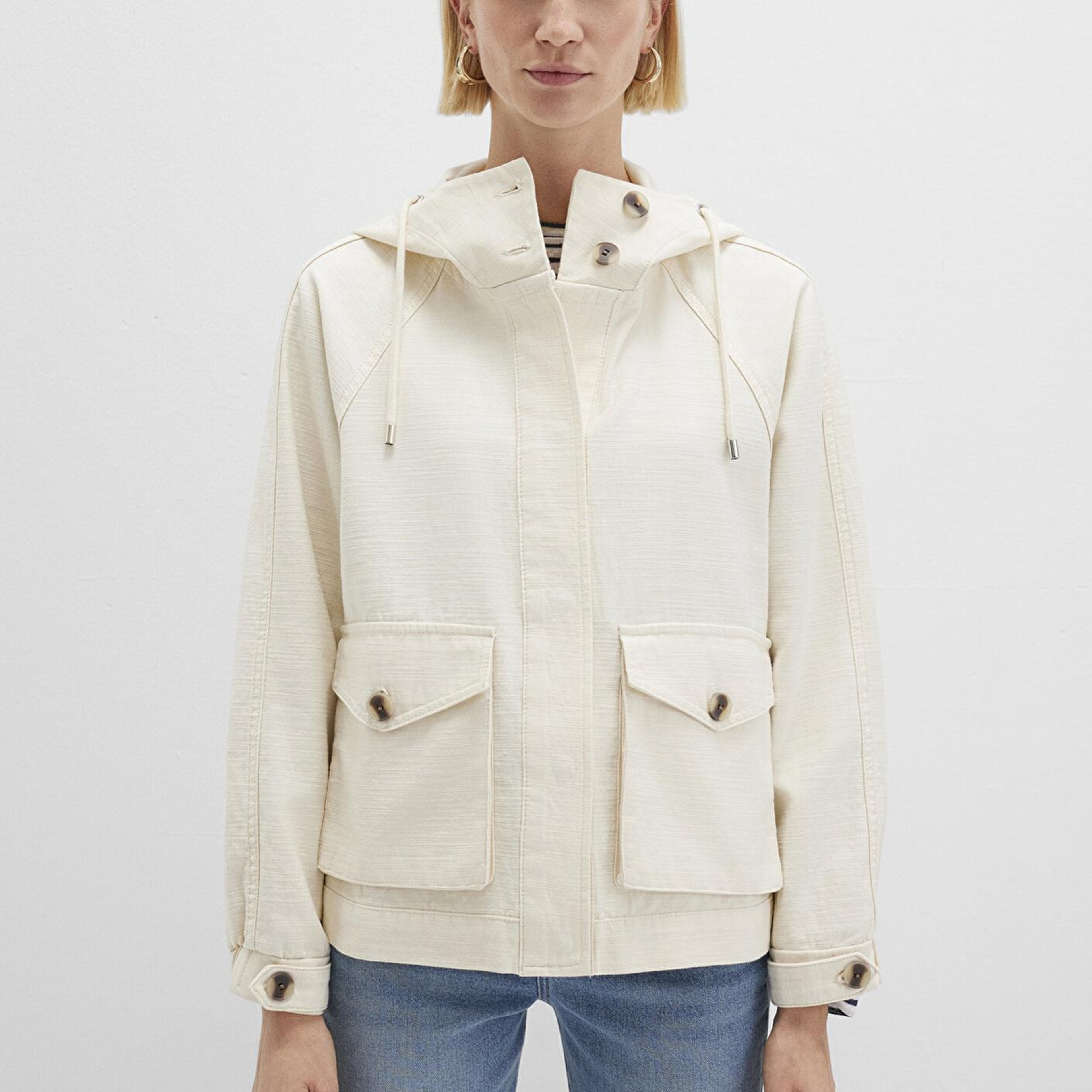 Mavi Kapüşonlu Ekru Ceket Oversize / Geniş Kesim 1110625-89513