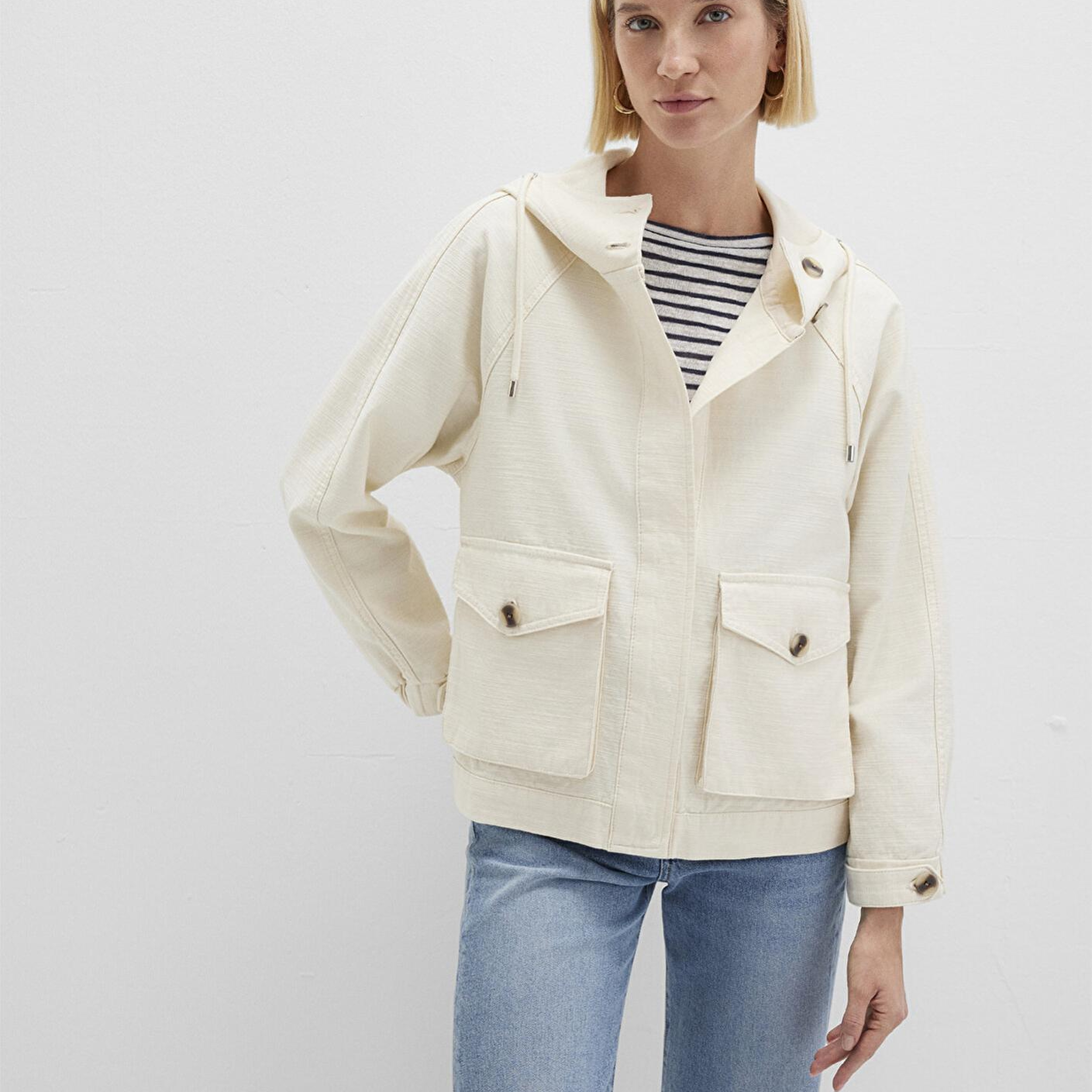 Mavi Kapüşonlu Ekru Ceket Oversize / Geniş Kesim 1110625-89513