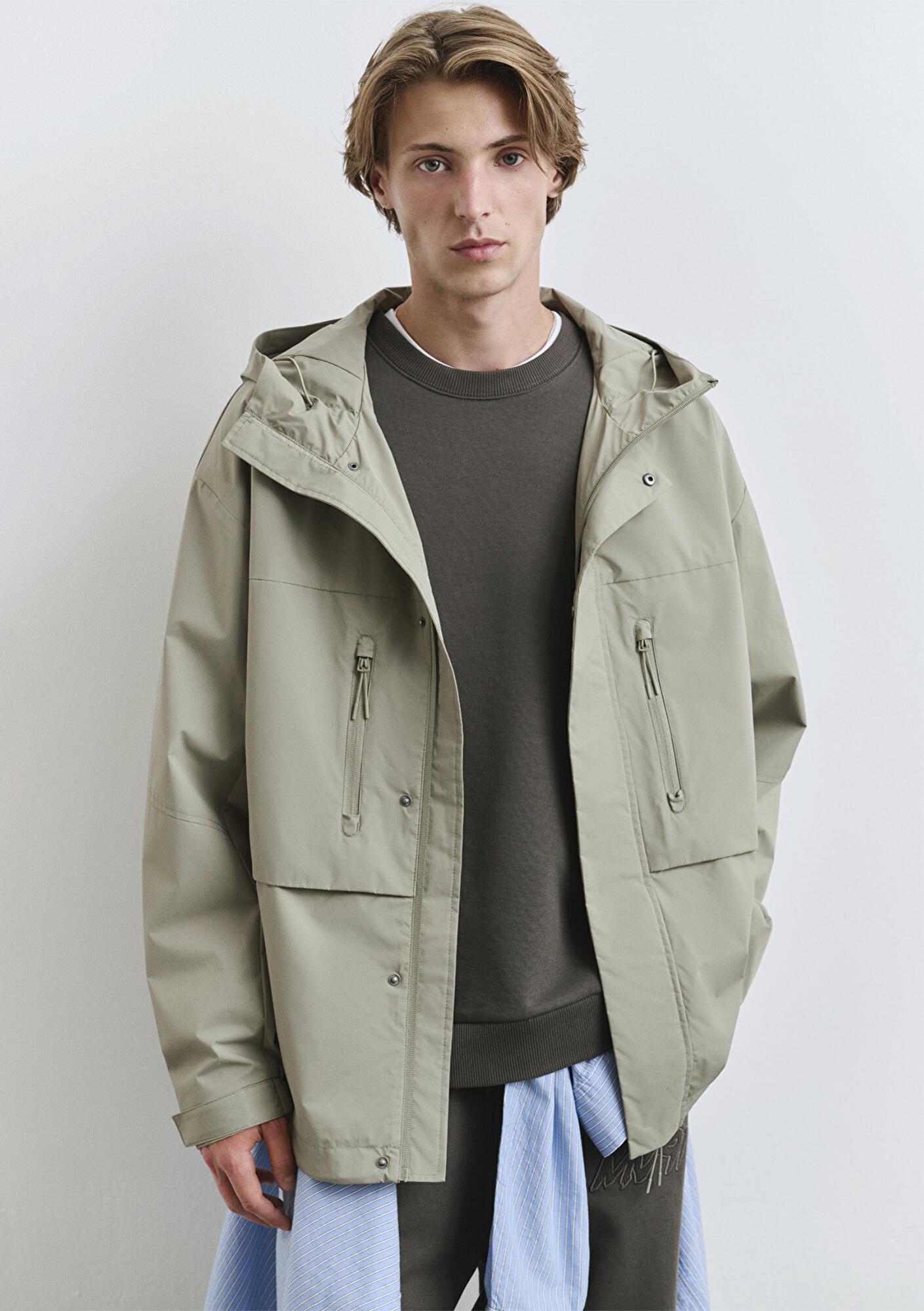 Mavi Kapüşonlu Yeşil Ceket Loose Fit / Bol Rahat Kesim 0110551-71484